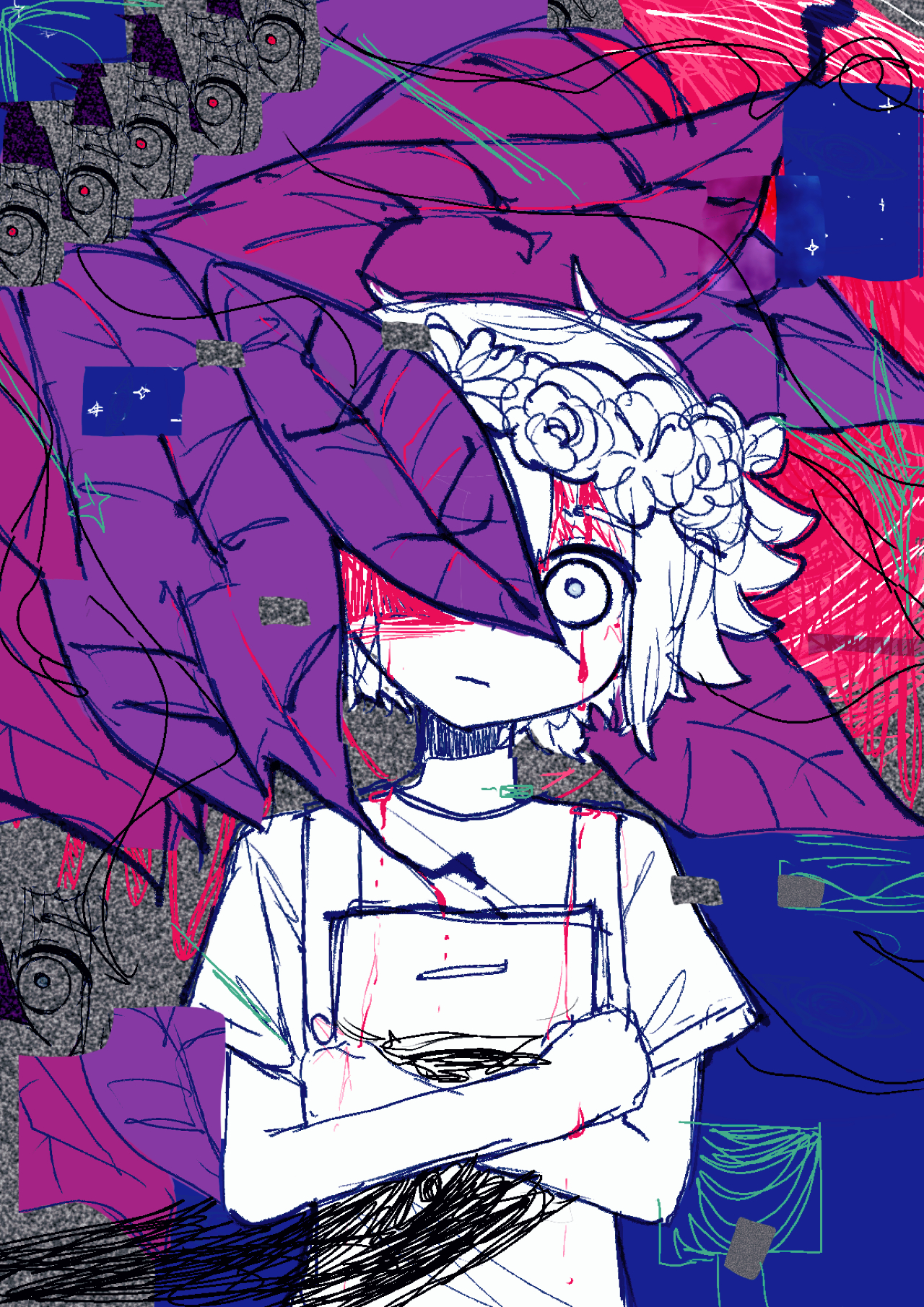 yama (toaru puyopuyo), basil (headspace) (omori), basil (omori), omori, highres, 1boy, antenna hair, book, closed mouth, crossed arms, flower, flower wreath, head wreath, holding, holding book, looking at viewer, male focus, overalls, partially colored, shirt, short hair, short sleeves, sidelocks, sketch, solo, t-shirt