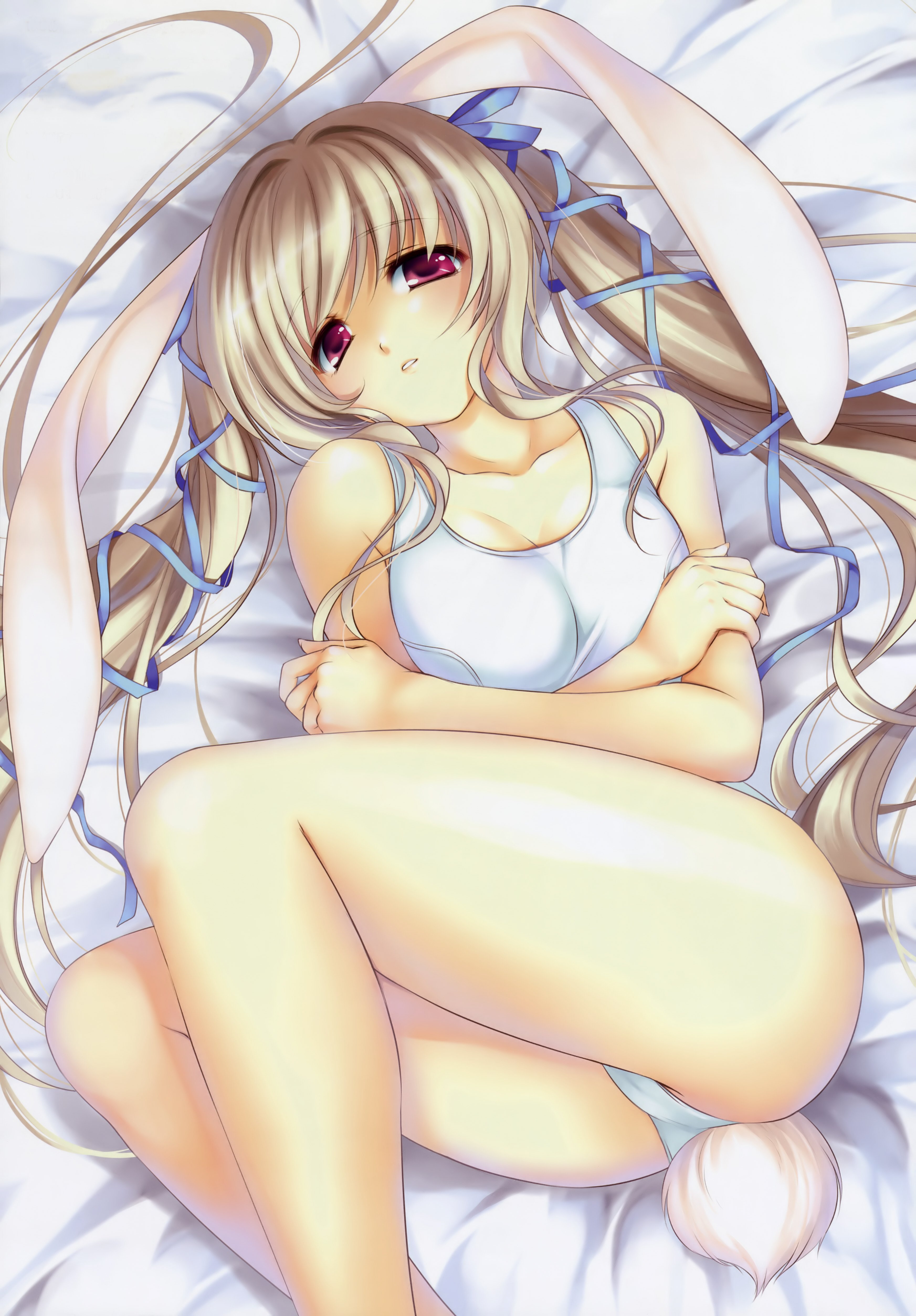 ayase hazuki, original, absurdres, highres, 1girl, animal ears, ass, bed, breasts, female focus, hair ribbon, large breasts, legs, long hair, long legs, lying, old school swimsuit, one-piece swimsuit, parted lips, playboy bunny swimsuit, rabbit ears, rabbit tail, red eyes, ribbon, school swimsuit, solo, swimsuit, tail, thick thighs, thighs, twintails, very long hair, white hair, white one-piece swimsuit, white school swimsuit