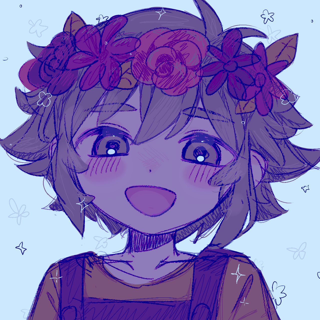 yama (toaru puyopuyo), basil (headspace) (omori), basil (omori), omori, highres, 1boy, antenna hair, blue background, blue overalls, blush, colored skin, double-parted bangs, flower, flower wreath, green eyes, green hair, hair between eyes, head wreath, looking at viewer, male focus, overalls, shirt, sidelocks, smile, solo, t-shirt, white skin, yellow shirt