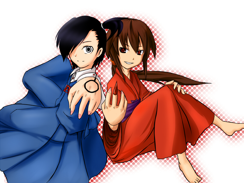 tetsuji, enma, enma (character), kurame, kusari hime: euthanasia, 2girls, artistic error, barefoot, black hair, brown hair, grin, hair over one eye, japanese clothes, kimono, long hair, multiple girls, nail polish, ponytail, red eyes, short hair, side ponytail, sitting, slit pupils, smile, tattoo