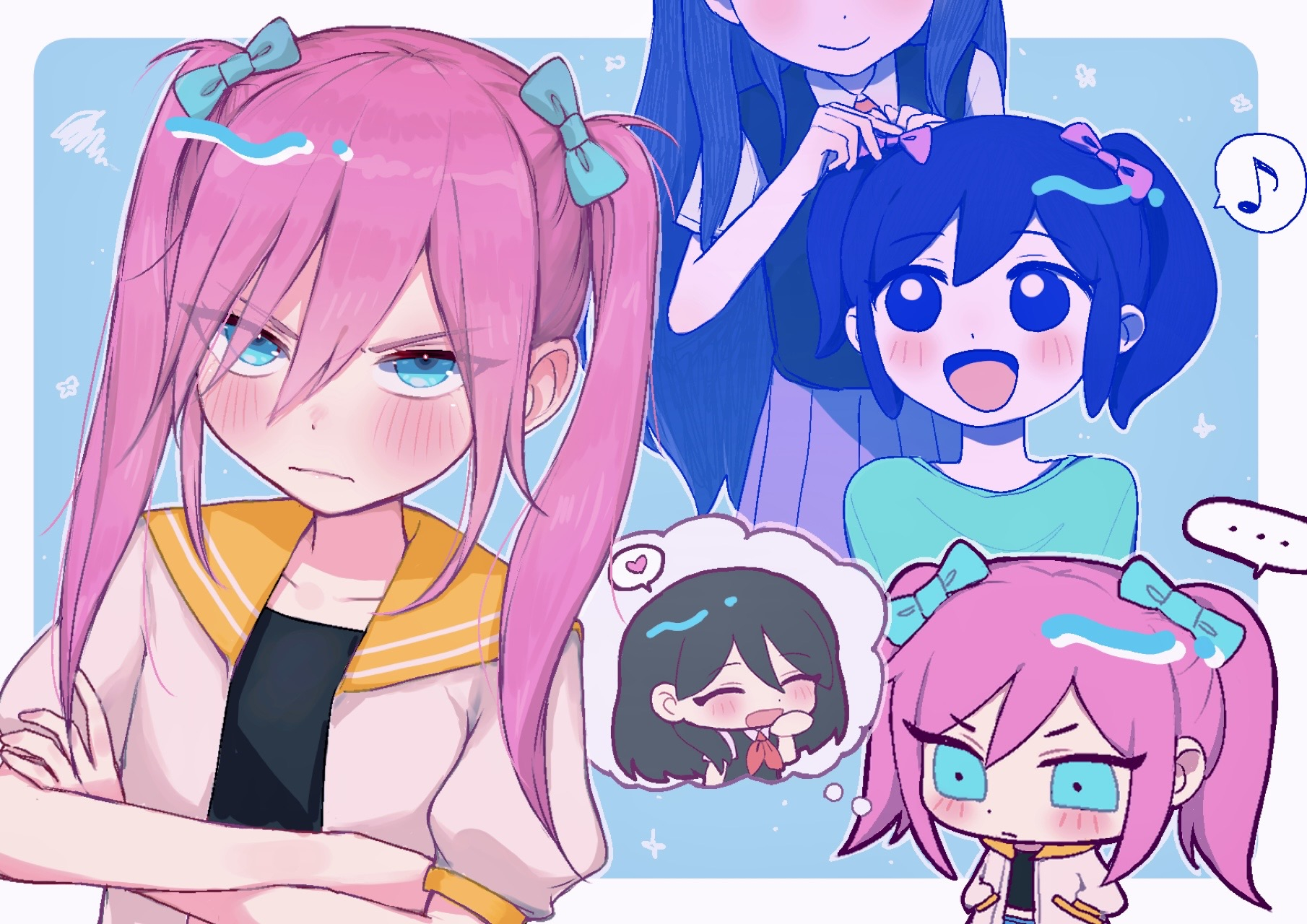 yama (toaru puyopuyo), aubrey (faraway) (omori), aubrey (headspace) (omori), aubrey (omori), mari (faraway) (omori), mari (headspace) (omori), mari (omori), omori, highres, …, 3girls, alternate hairstyle, black sweater vest, blue bow, blue eyes, blue shirt, blue skin, blush, bow, chibi, closed mouth, collared shirt, colored skin, crop top, crossed arms, double-parted bangs, hair between eyes, hair bow, hands in pockets, heart, jacket, long hair, looking at another, multiple girls, musical note, open mouth, pink hair, pleated skirt, purple eyes, purple hair, red skirt, shirt, short-sleeved jacket, short hair, short sleeves, short twintails, skirt, smile, speech bubble, spoken ellipsis, spoken heart, spoken musical note, sweater vest, thought bubble, tongue, twintails, white jacket, white shirt, white skin