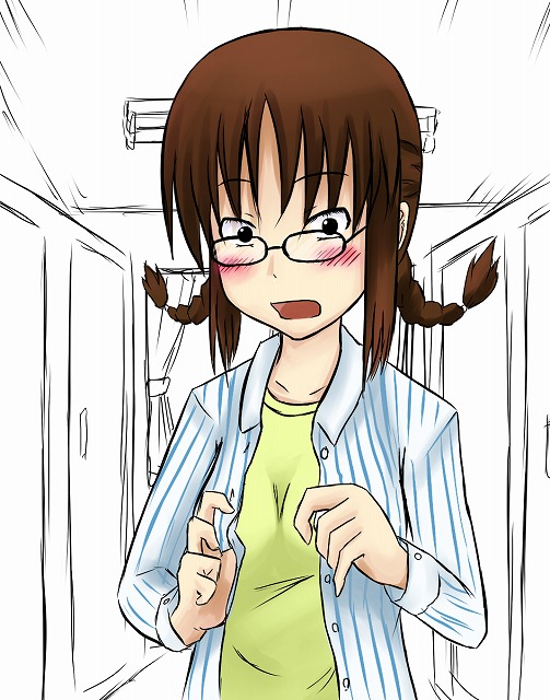 tetsuji, akizuki ritsuko, idolmaster, idolmaster (classic), idolmaster 1, 00s, 1girl, blush, braid, female focus, glasses, indoors, solo, twin braids