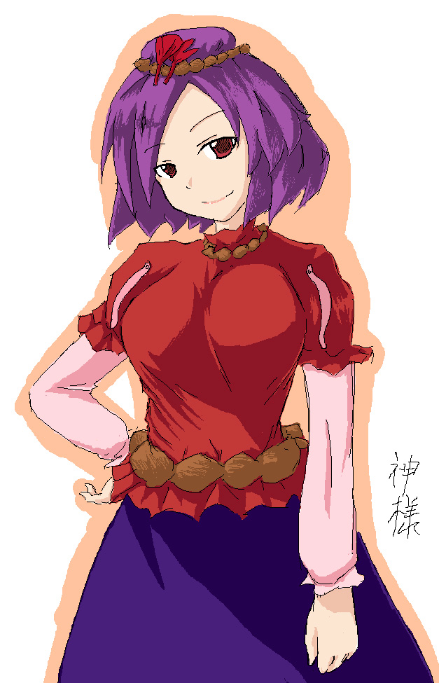 tetsuji, yasaka kanako, touhou, translated, 1girl, female focus, hair ornament, leaf hair ornament, oekaki, purple hair, red eyes, short hair, sketch, solo