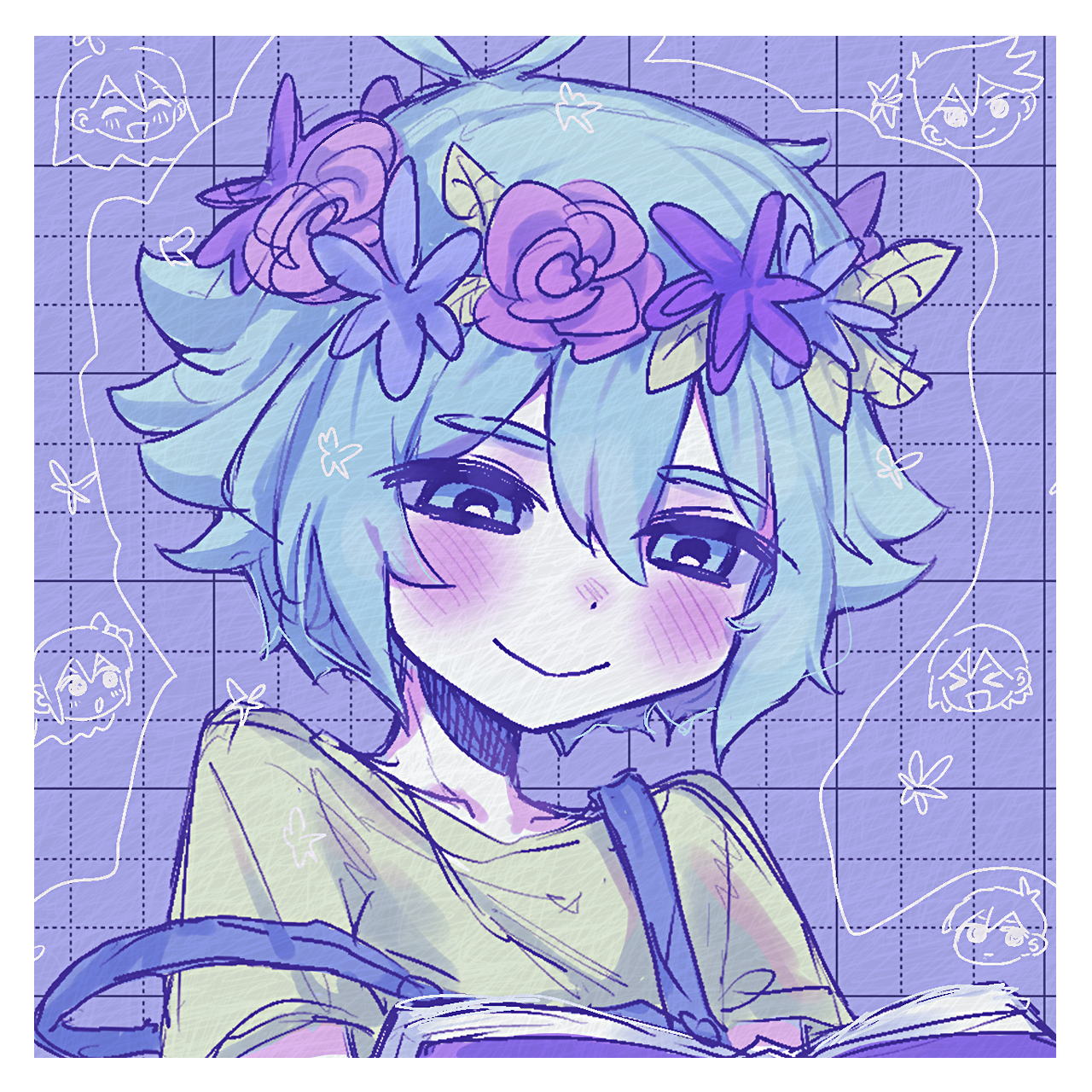 yama (toaru puyopuyo), aubrey (headspace) (omori), aubrey (omori), basil (headspace) (omori), basil (omori), hero (headspace) (omori), hero (omori), kel (headspace) (omori), kel (omori), mari (headspace) (omori), mari (omori), omori (omori), omori, highres, 1boy, antenna hair, blue overalls, book, closed mouth, collarbone, colored skin, flower, flower wreath, green eyes, green hair, green shirt, head wreath, holding, holding book, male focus, overalls, shirt, short sleeves, solo, t-shirt, white skin