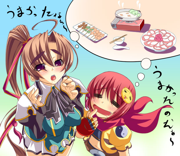 bachou (koihime musou), chouhi (koihime musou), koihime musou, translation request, 00s, 2girls, = =, brown hair, drooling, food, multiple girls, red eyes, red hair, saliva, text focus