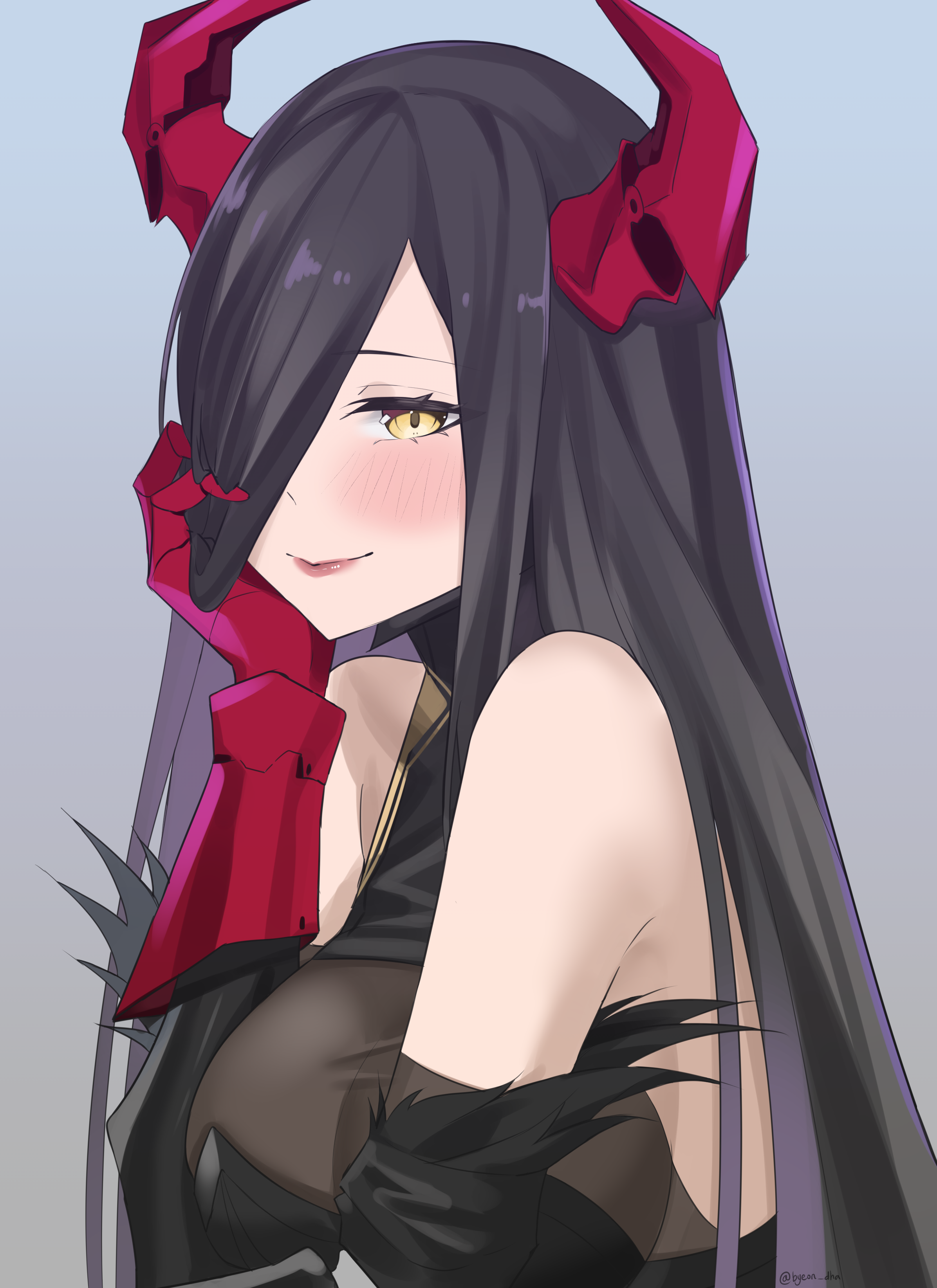 byeon dha, friedrich der grosse (azur lane), azur lane, absurdres, commentary, english commentary, highres, 1girl, bare shoulders, black hair, blush, breasts, hair over one eye, hand on own cheek, hand on own face, horns, large breasts, mechanical hands, mechanical horns, red horns, see-through cleavage, see-through clothes, simple background, solo, upper body, yellow eyes