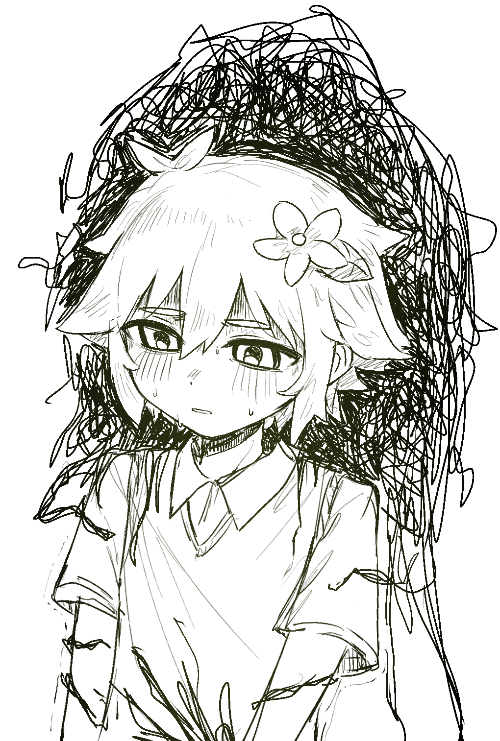 yama (toaru puyopuyo), basil (faraway) (omori), basil (omori), omori, highres, 1boy, antenna hair, blush, collared shirt, double-parted bangs, flower, greyscale, hair between eyes, hair flower, hair ornament, male focus, monochrome, parted lips, shirt, short hair, short sleeves, sidelocks, solo, sweat, sweater vest