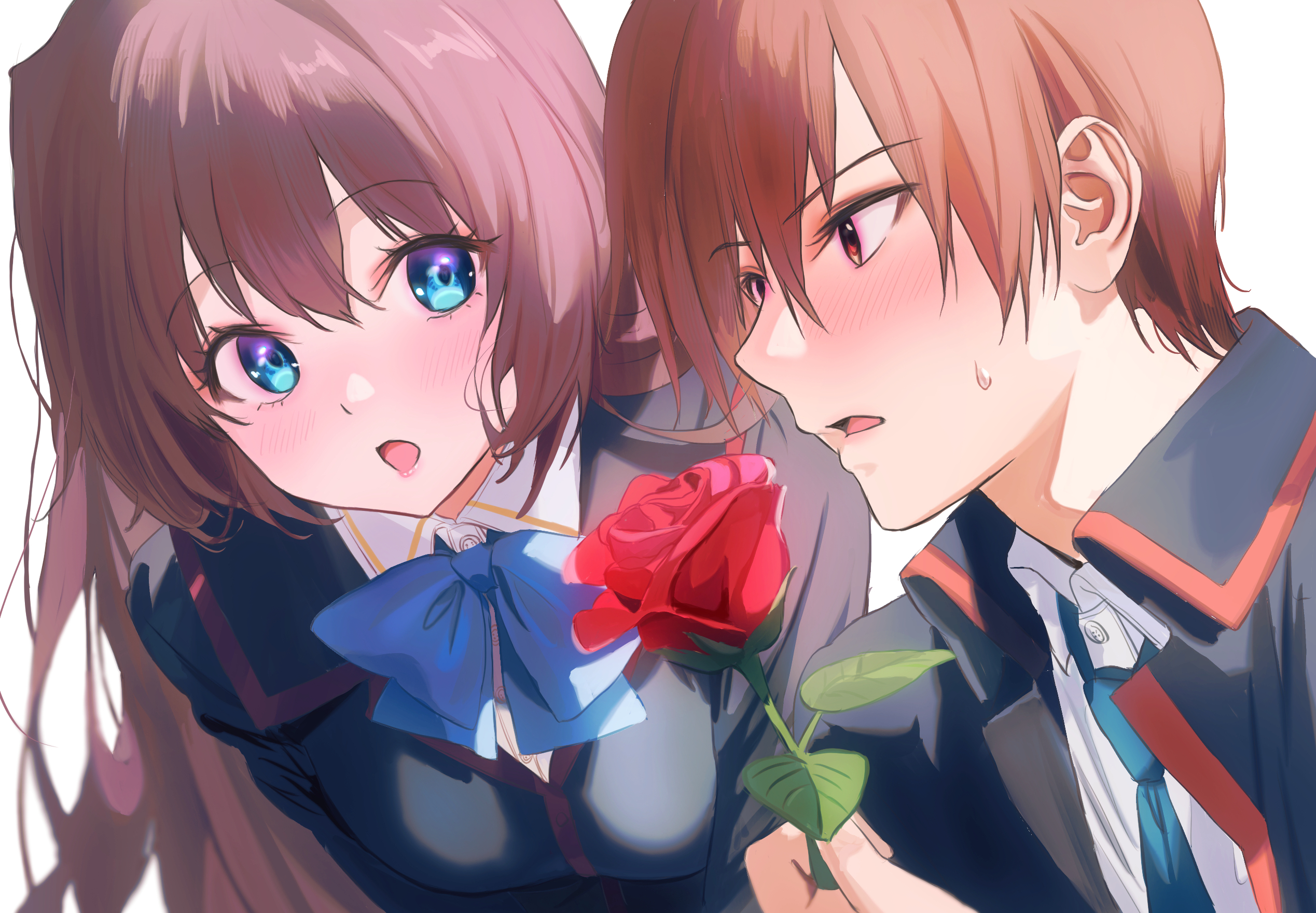 miiizuno lbs, a-chan (little busters!), natsume kyousuke, little busters!, commentary request, highres, 1boy, 1girl, black jacket, blue bow, blue bowtie, blue eyes, blush, bow, bowtie, brown eyes, brown hair, collared shirt, couple, eyelashes, eyes visible through hair, flower, hair between eyes, hand up, hat, hat flower, hetero, jacket, leaf, leaning forward, little busters! school uniform, long hair, long sleeves, looking at another, open mouth, red flower, red rose, rose, school uniform, shirt, short hair, simple background, sweatdrop, tareme, tsurime, upper body, white background, white shirt