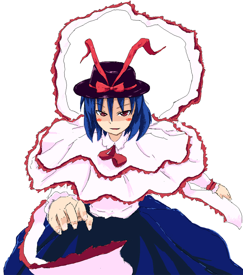 tetsuji, nagae iku, touhou, 1girl, blue hair, female focus, hat, oekaki, red eyes, ribbon, sash, short hair, simple background, solo, standing, white background