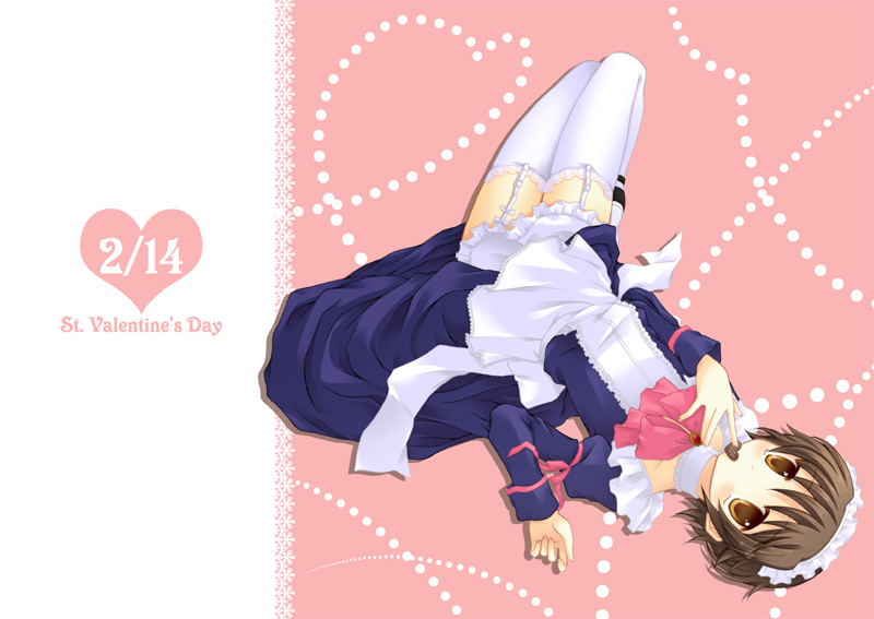 izumi (applepie), naoe riki, little busters!, bad id, bad pixiv id, 1boy, bob cut, crossdressing, crossdressing (mtf), dress, garter belt, lace, maid, male focus, male maid, ribbon, solo, thighhighs, trap, valentine, white thighhighs