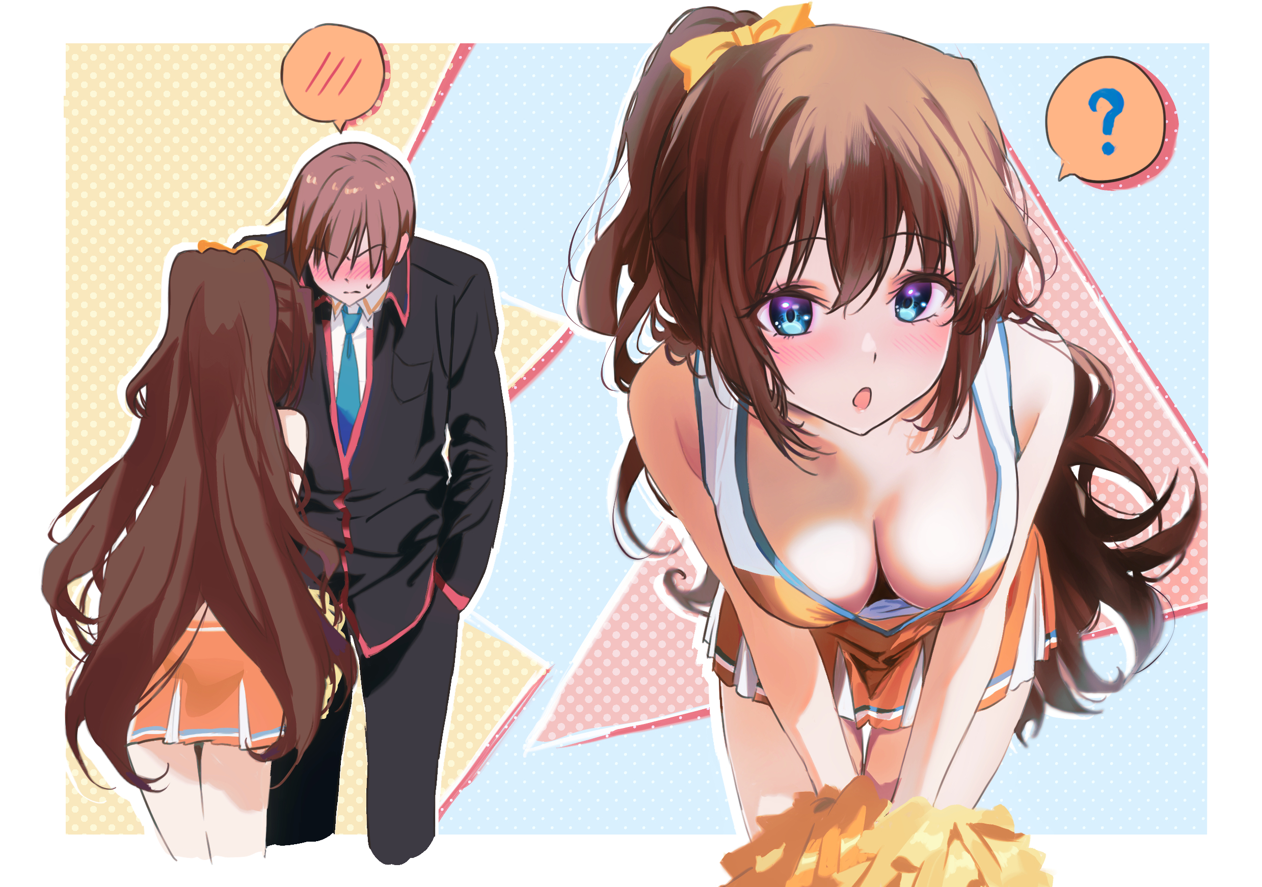 miiizuno lbs, a-chan (little busters!), natsume kyousuke, little busters!, commentary request, highres, 1boy, 1girl, :o, ?, alternate costume, alternate hairstyle, bare shoulders, bent over, black jacket, blue eyes, blue necktie, blush, border, bow, breasts, brown hair, cheerleader, cleavage, clueless, cowboy shot, downblouse, drop shadow, embarrassed, eyelashes, hair between eyes, hair bow, hand in pocket, hetero, holding, holding pom poms, jacket, large breasts, leaning forward, little busters! school uniform, long hair, long sleeves, looking at viewer, miniskirt, multiple views, necktie, nose blush, open mouth, orange skirt, outside border, pleated skirt, polka dot, polka dot background, pom pom (cheerleading), pom poms, ponytail, school uniform, short hair, simple background, skirt, speech bubble, spoken blush, spoken question mark, sports bra, standing, v-shaped eyebrows, v arms, very long hair, white border, yellow bow
