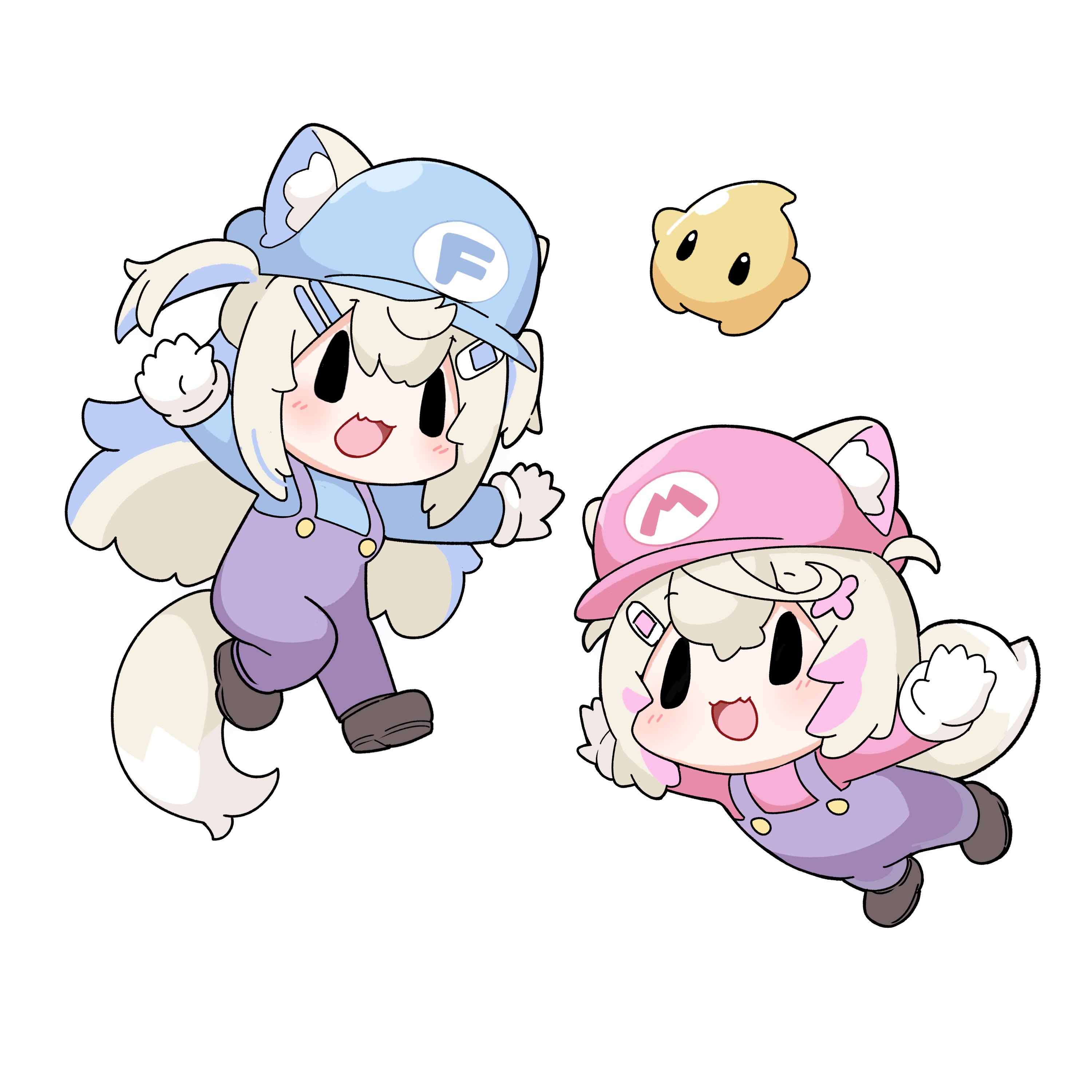 snowmya, fuwawa abyssgard, luma (mario), mario, mococo abyssgard, hololive, hololive english, absurdres, highres, animal ear fluff, animal ears, bandaid, bandaid hair ornament, blue hat, cosplay, dog ears, dog girl, dog tail, gloves, hair ornament, hat, mario (cosplay), multicolored hair, overalls, pink hat, siblings, streaked hair, tail, twins, white background, white gloves, x hair ornament