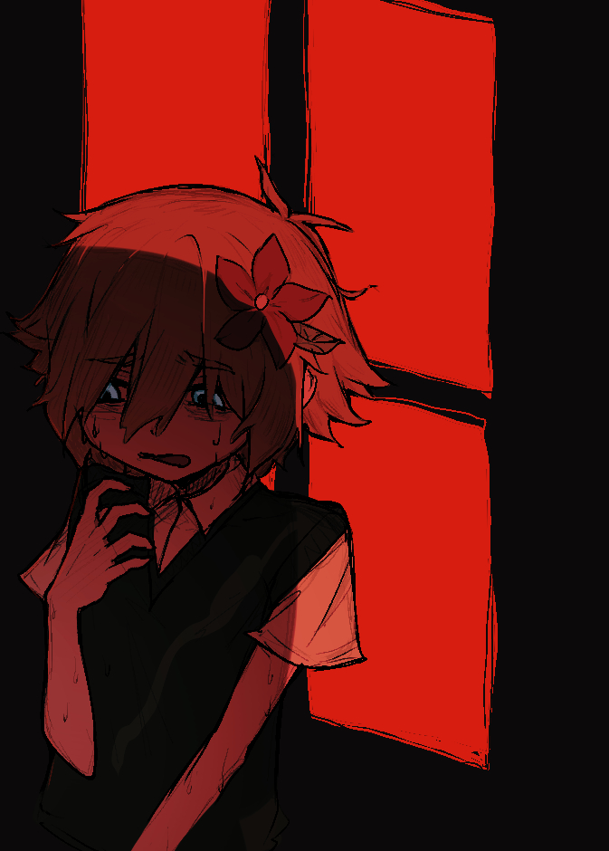 yama (toaru puyopuyo), basil (faraway) (omori), basil (omori), omori, 1boy, antenna hair, blonde hair, blue eyes, collared shirt, flower, green sweater vest, hair flower, hair ornament, male focus, nervous sweating, open mouth, red theme, shirt, short hair, short sleeves, solo, sweat, sweater vest, white shirt, window