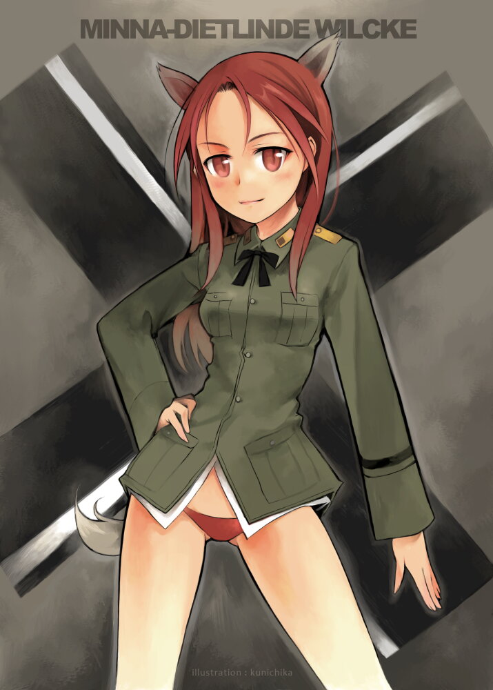 kunichika, minna-dietlinde wilcke, strike witches, world witches series, 00s, 1girl, animal ears, female focus, long hair, panties, red eyes, red hair, solo, tail, underwear