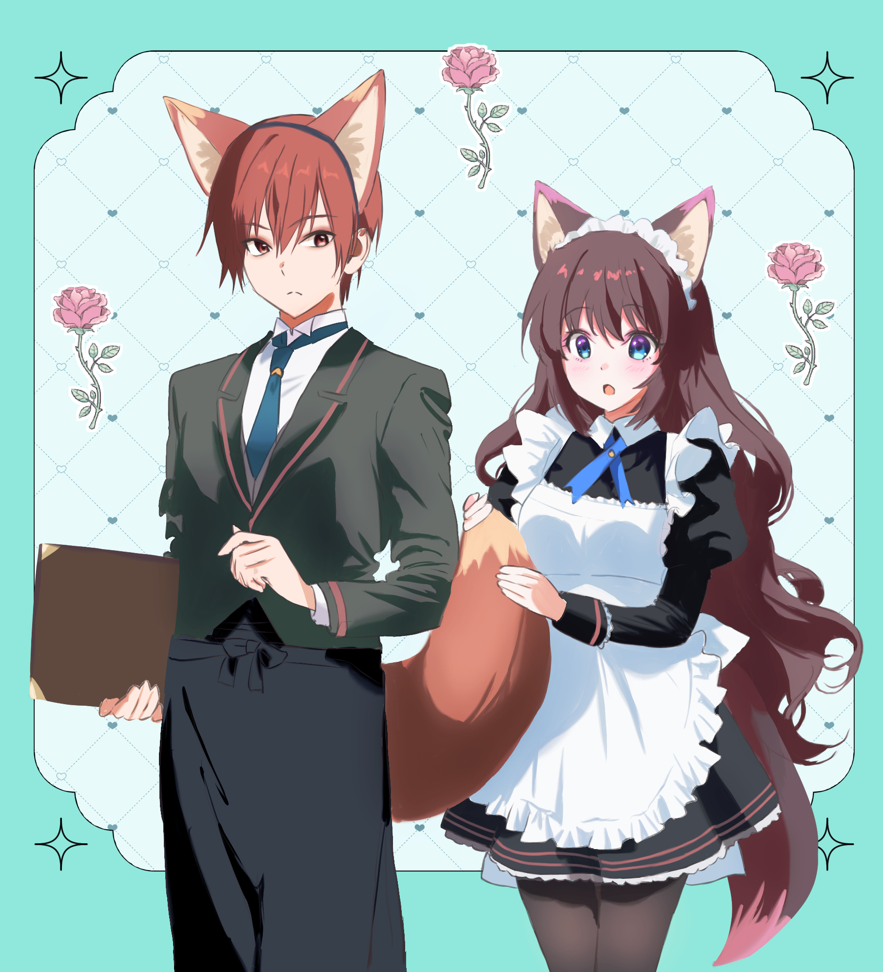 miiizuno lbs, a-chan (little busters!), natsume kyousuke, little busters!, commentary request, highres, 1boy, 1girl, :o, alternate costume, animal ear hairband, animal ears, apron, aqua background, black dress, black jacket, blue eyes, blue necktie, blue ribbon, blush, brown eyes, brown hair, cat ears, cat tail, closed mouth, collared shirt, cowboy shot, dress, enmaided, fake animal ears, fake tail, floral background, flower, frilled apron, frilled dress, frills, frown, hair between eyes, hairband, holding another's tail, jacket, juliet sleeves, long hair, long sleeves, looking at viewer, maid, maid apron, maid headdress, neck ribbon, necktie, open mouth, outline, pink flower, pink rose, puffy sleeves, ribbon, rose, shirt, short hair, simple background, split mouth, tail, tareme, tsurime, very long hair, white apron, white outline, white shirt