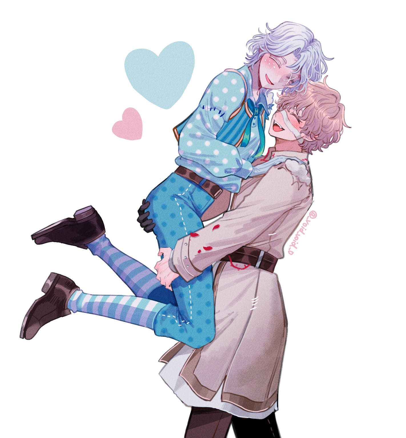 tendenbarabara, florian brand, matthias czernin, identity v, highres, 2boys, bandage over one eye, blonde hair, blue pants, blue shirt, blue vest, blush, brown pants, brown shoes, carrying, carrying person, closed eyes, fangs, freckles, gloves, grin, hand on another's ass, heart, jacket, male focus, matthias czernin (the boy who fell), multiple boys, pants, polka dot, polka dot pants, polka dot shirt, shirt, shoes, smile, socks, striped clothes, striped socks, stuffing, twitter username, vest, white gloves, white hair, yaoi, yellow jacket