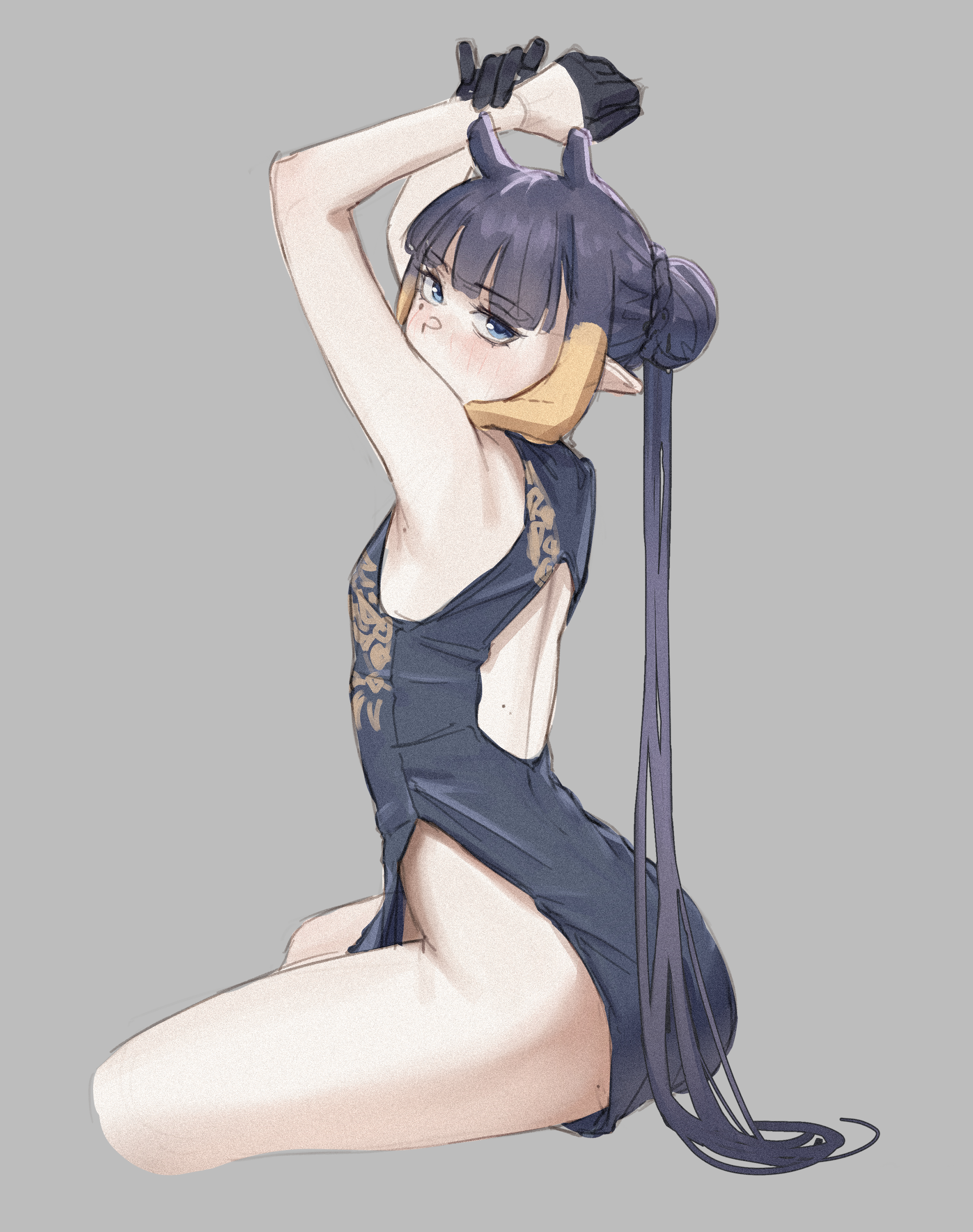 samukzz, kisaki (blue archive), ninomae ina'nis, blue archive, hololive, hololive english, absurdres, commentary, english commentary, highres, 1girl, arms up, back cutout, black gloves, blue eyes, blunt bangs, braid, bun with braided base, china dress, chinese clothes, clothing cutout, cosplay, cropped legs, dress, flat chest, from side, gloves, gradient hair, grey background, half gloves, kisaki (blue archive) (cosplay), long hair, looking at viewer, median furrow, mole, mole under eye, multicolored hair, no panties, orange hair, pointy ears, purple dress, purple hair, side slit, sidelocks, sitting, solo, straight hair, tentacle hair, very long hair, virtual youtuber