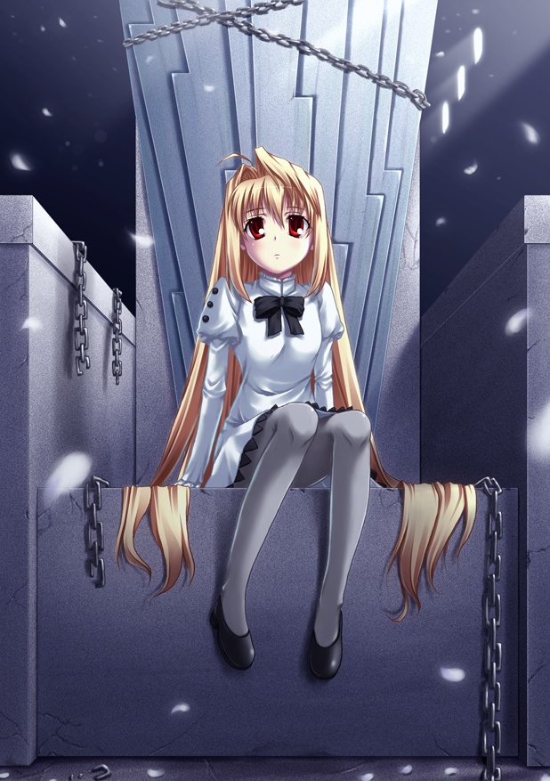 miyai sen, arcueid brunestud, eco-arc, tsukihime, 00s, 1girl, aged down, blonde hair, chain, child, dress, female focus, long hair, pantyhose, red eyes, sitting, solo, throne, very long hair