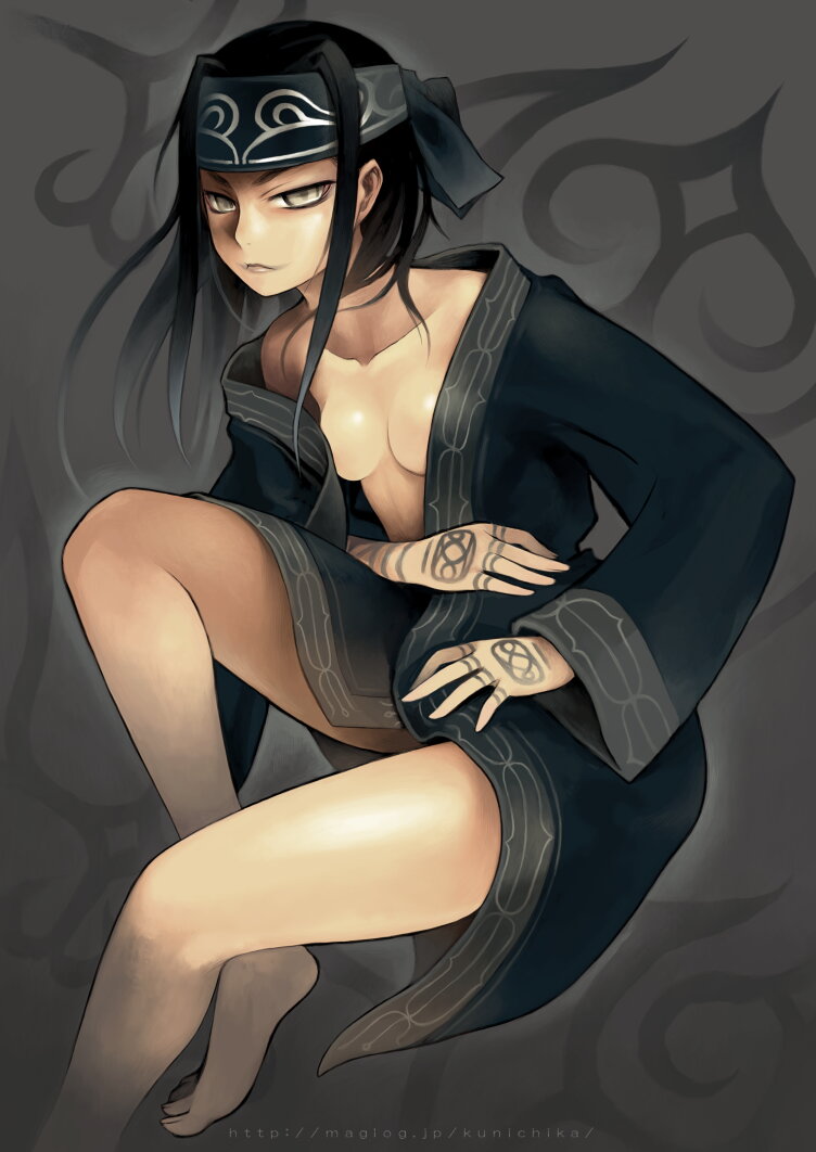kunichika, original, 1girl, bandana, barefoot, black hair, breasts, empty eyes, female focus, long hair, robe, small breasts, solo