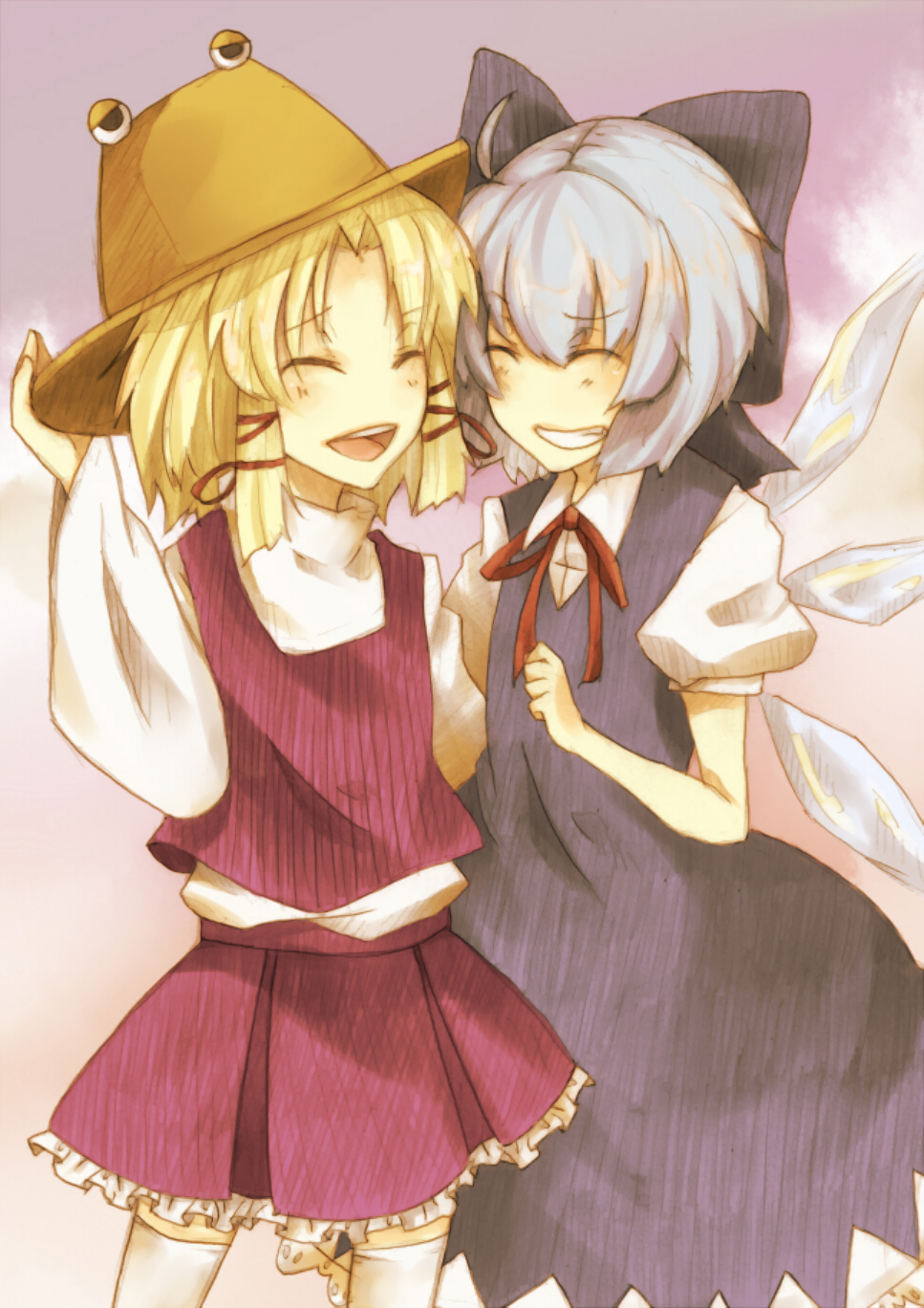tsukino (artist), tukno, cirno, moriya suwako, touhou, bad id, bad pixiv id, highres, 2girls, ^ ^, blouse, closed eyes, female focus, hat, multiple girls, shirt, thighhighs, white shirt