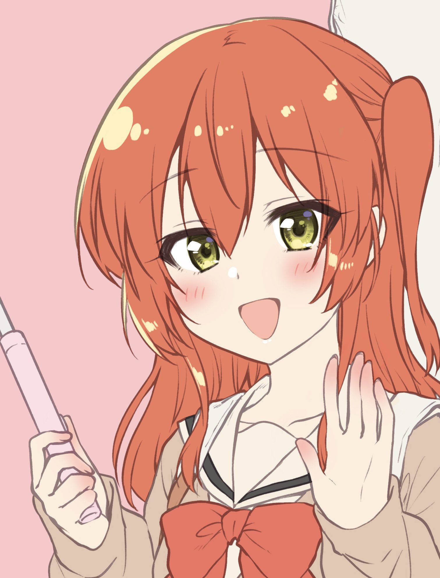 kuroi mimei, kita ikuyo, bocchi the rock!, commentary, highres, 1girl, :d, blush, bow, bowtie, brown shirt, eyes visible through hair, green eyes, hair between eyes, hands up, happy, holding, long hair, looking at viewer, one side up, open mouth, pink background, red bow, red bowtie, red hair, sailor collar, school uniform, serafuku, shirt, simple background, sleeves past wrists, smile, solo, straight hair, upper body, waving, white sailor collar