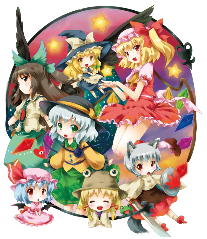 michii yuuki, flandre scarlet, inubashiri momiji, kirisame marisa, komeiji koishi, moriya suwako, reiuji utsuho, remilia scarlet, touhou, silver hair, bad id, bad pixiv id, 6+girls, animal ears, bat wings, black hair, blonde hair, blue hair, braid, female focus, frog, green eyes, hat, long hair, multiple girls, outside border, ponytail, red eyes, ribbon, round image, shield, short hair, skirt, sky, sword, tail, weapon, wings, witch, witch hat, wolf ears, wolf tail