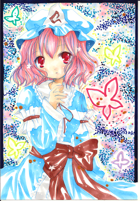 emo (artist), emo (mikan), saigyouji yuyuko, touhou, bad id, bad pixiv id, 1girl, bug, butterfly, dress, female focus, hat, pink eyes, pink hair, solo