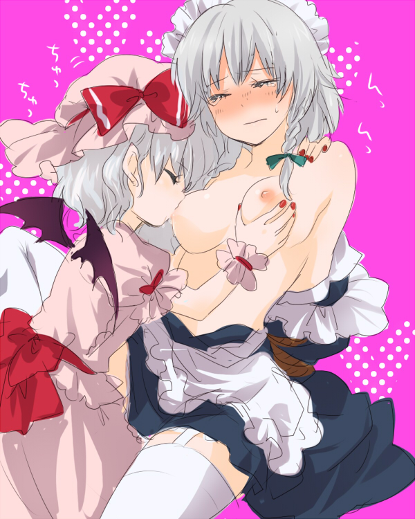 machiko (beard), izayoi sakuya, remilia scarlet, touhou, silver hair, bad id, bad pixiv id, 2girls, bat wings, blue hair, blush, breast sucking, breastfeeding, breasts, closed eyes, female focus, garter belt, hairband, hat, lactation, large breasts, multiple girls, nail polish, ribbon, short hair, sketch, tears, thighhighs, wings, yuri
