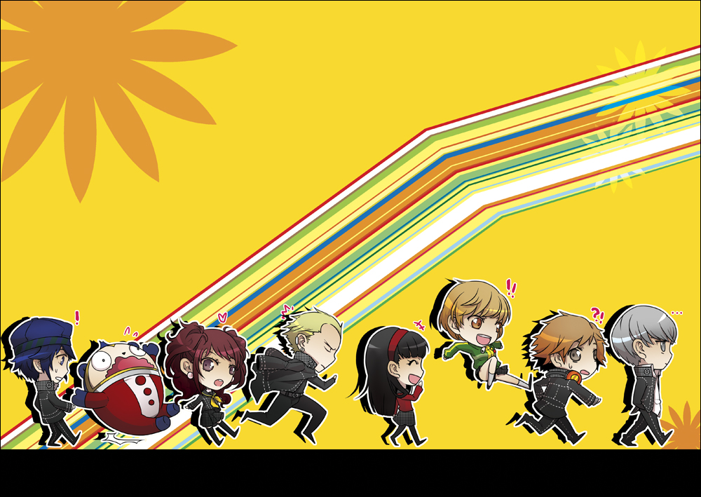 quesera11, amagi yukiko, hanamura yousuke, kujikawa rise, kuma (persona 4), narukami yu, satonaka chie, shirogane naoto, tatsumi kanji, atlus, persona, persona 4, silver hair, bad id, bad pixiv id, !, !!, 3boys, 4girls, ?, androgynous, bear, black hair, blonde hair, blue eyes, blue hair, brown eyes, brown hair, chibi, closed eyes, everyone, grey eyes, hairband, hat, headphones, headphones around neck, heart, jacket, jumping, kicking, laughing, long hair, mascot, multiple boys, multiple girls, newsboy cap, pantyhose, red hair, reverse trap, school uniform, serafuku, short hair, skirt, tomboy, track jacket, twintails
