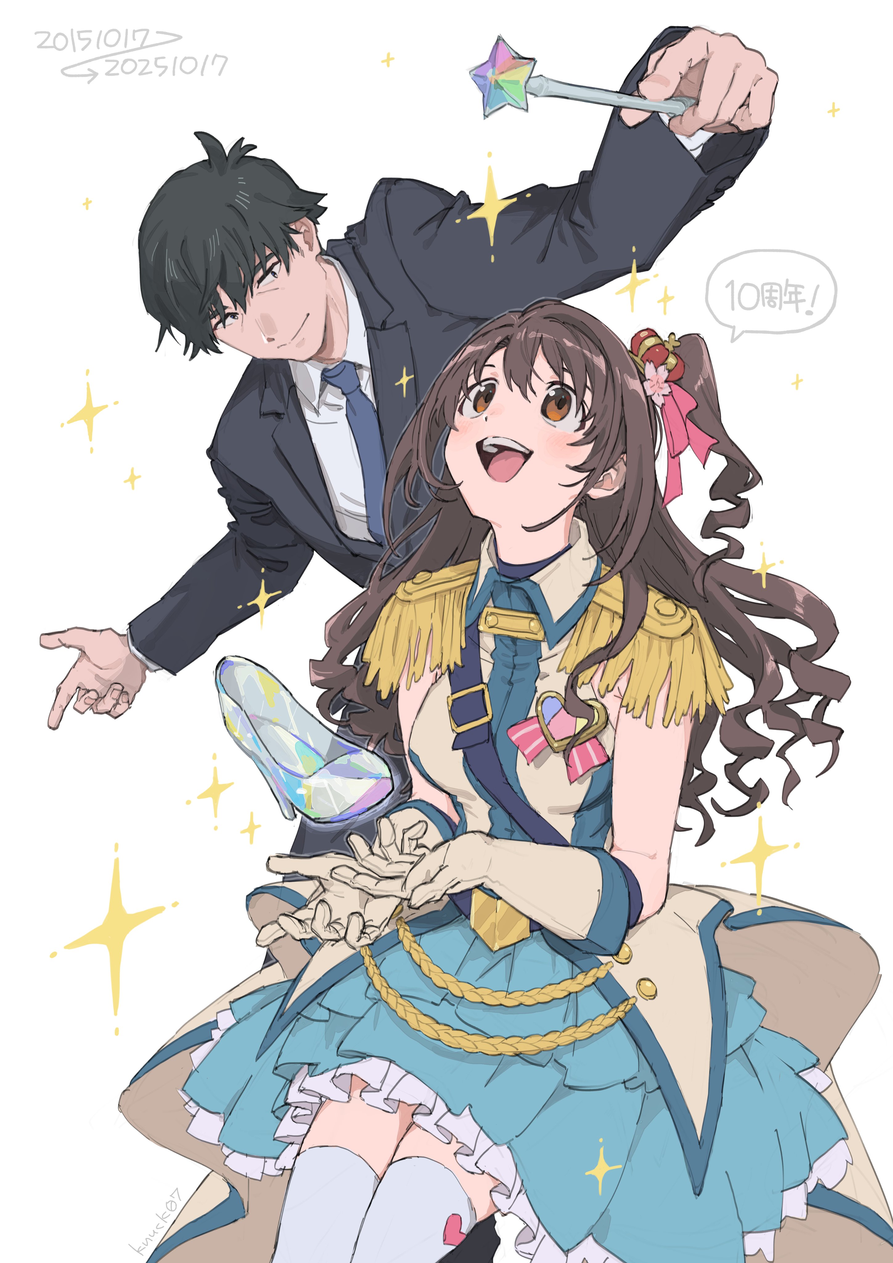 nanonin, producer (idolmaster), producer (idolmaster cinderella girls anime), shimamura uzuki, idolmaster, idolmaster cinderella girls, idolmaster cinderella girls starlight stage, facing up, absurdres, highres, 1boy, 1girl, anniversary, belt, blue belt, blue dress, blue necktie, breasts, brown eyes, brown hair, closed mouth, crown, dress, elbow gloves, epaulettes, flower, formal clothes, frilled dress, frills, glass slipper, gloves, hair flower, hair ornament, hair ribbon, heart ornament, holding, holding wand, long hair, long sleeves, looking at another, looking at object, medium breasts, mini crown, necktie, one side up, open mouth, overskirt, pink flower, pink ribbon, ribbon, shine!! (idolmaster), shirt, shoulder belt, smile, sparkle, speech bubble, suit, teeth, thighhighs, upper teeth only, wand, white background, white gloves, white shirt, white thighhighs