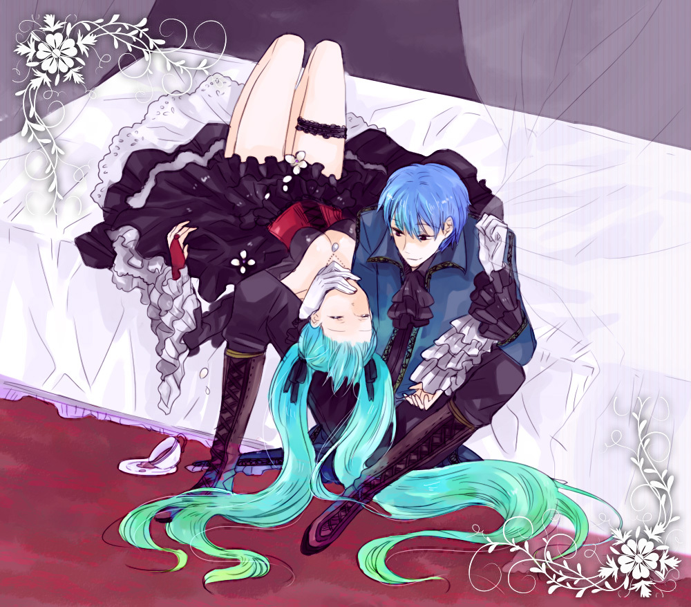 orionme, wani (mezo), hatsune miku, kaito (vocaloid), cantarella, cantarella (vocaloid), vocaloid, bad id, bad pixiv id, 1boy, 1girl, aqua hair, bed, blue hair, closed eyes, couple, dress, garter belt, hair ribbon, hetero, long hair, lying, ribbon, short hair, sitting, skirt, twintails, very long hair