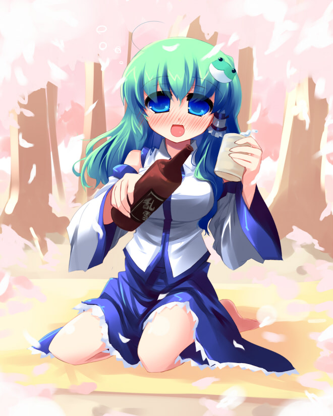 shin (new), kochiya sanae, touhou, 1girl, blue eyes, blush, drinking, female focus, full body, green hair, kneeling, outdoors, plant, solo, tree