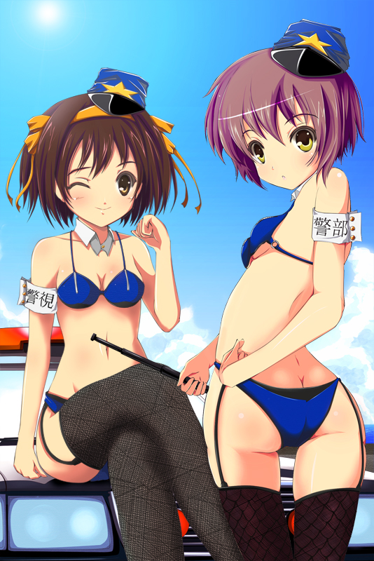 sahare, nagato yuki, suzumiya haruhi, suzumiya haruhi no yuuutsu, baton, fishnet legwear, bad id, bad pixiv id, 2girls, armband, ass, bikini, blue bra, blue panties, blush, bra, brown hair, car, collar, cosplay, crossed legs, day, fishnets, flat chest, garter belt, hair ribbon, hat, lingerie, motor vehicle, multiple girls, one eye closed, panties, police, police car, police uniform, policewoman, purple hair, ribbon, short hair, sitting, smile, swimsuit, thighhighs, underwear, wink, yellow eyes