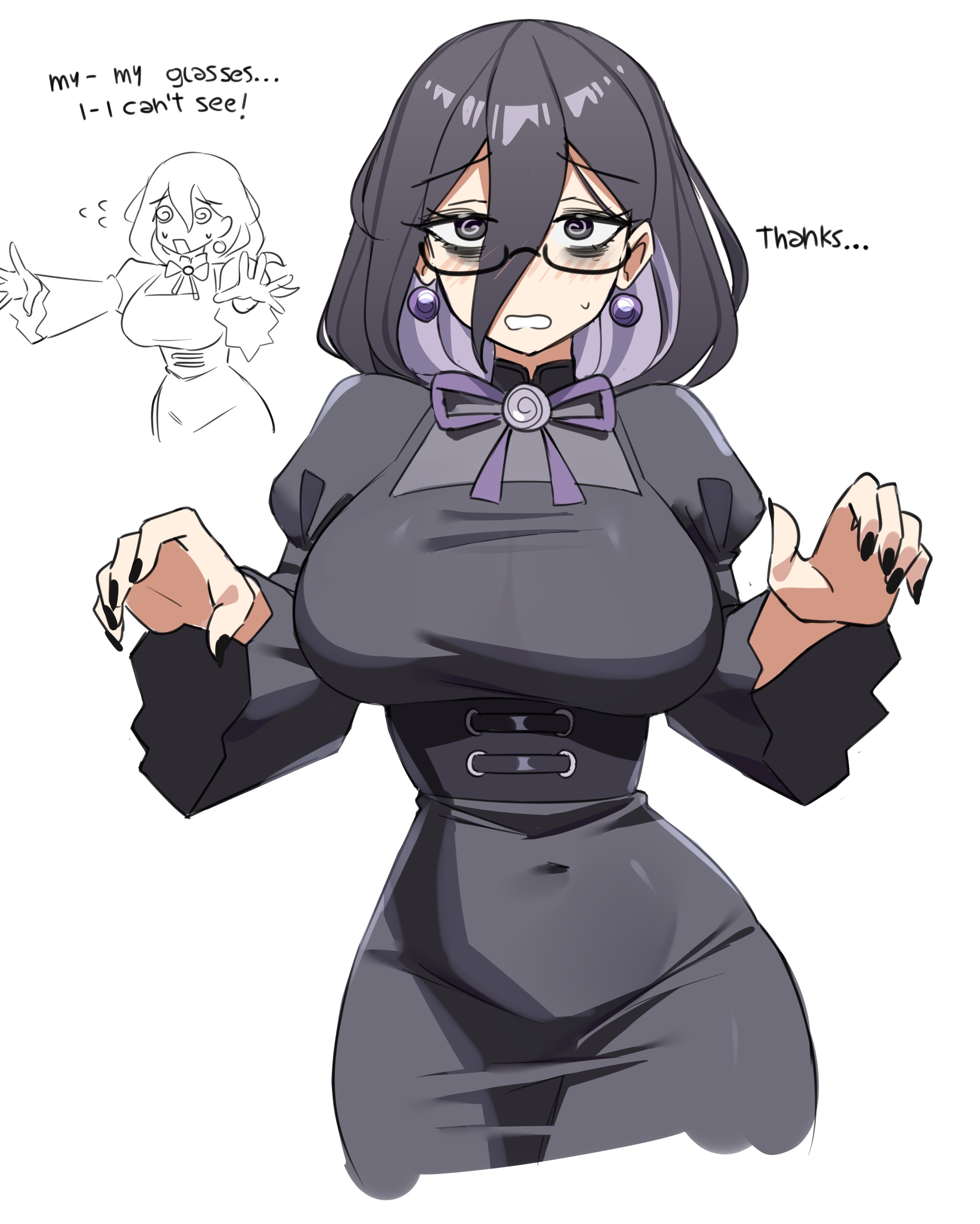 peps art, hex maniac (pokemon legends: z-a), nintendo, pokemon, pokemon legends: z-a, absurdres, commentary, highres, 1girl, @ @, alternate breast size (larger), bags under eyes, black-framed eyewear, black dress, black nails, breasts, covered navel, dress, earrings, english text, fingernails, flying sweatdrops, glasses, hair between eyes, jewelry, large breasts, long hair, long sleeves, looking at viewer, simple background, sweatdrop, very long hair, white background