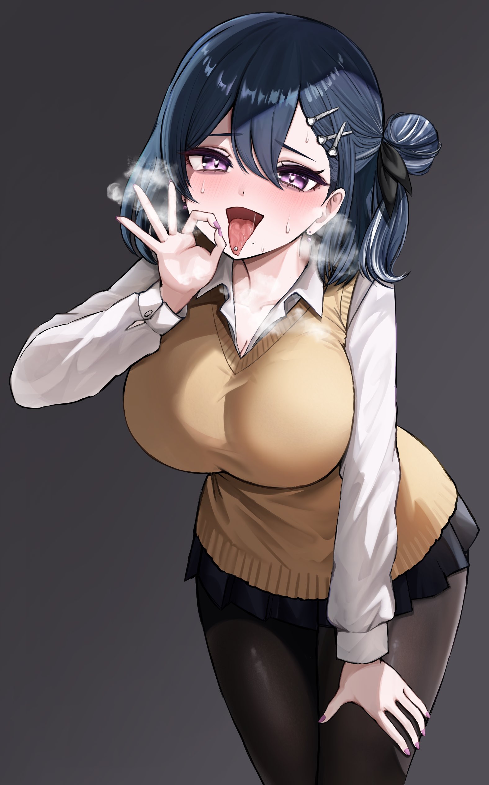 tokiai misao, indie virtual youtuber, absurdres, artist request, highres, 1girl, black hair, black skirt, blush, breasts, brown pantyhose, collared shirt, fellatio gesture, grey background, hair between eyes, hair bun, hair ornament, hairclip, hand on own thigh, hand up, heart, heart-shaped pupils, heavy breathing, large breasts, long hair, long sleeves, looking at viewer, miniskirt, mole, mole under mouth, multicolored hair, nail polish, nose blush, open mouth, pantyhose, piercing, pleated skirt, school uniform, shirt, simple background, skirt, smile, solo, streaked hair, sweat, sweater vest, symbol-shaped pupils, tongue, tongue out, tongue piercing, virtual youtuber, white shirt, x hair ornament, yellow sweater vest