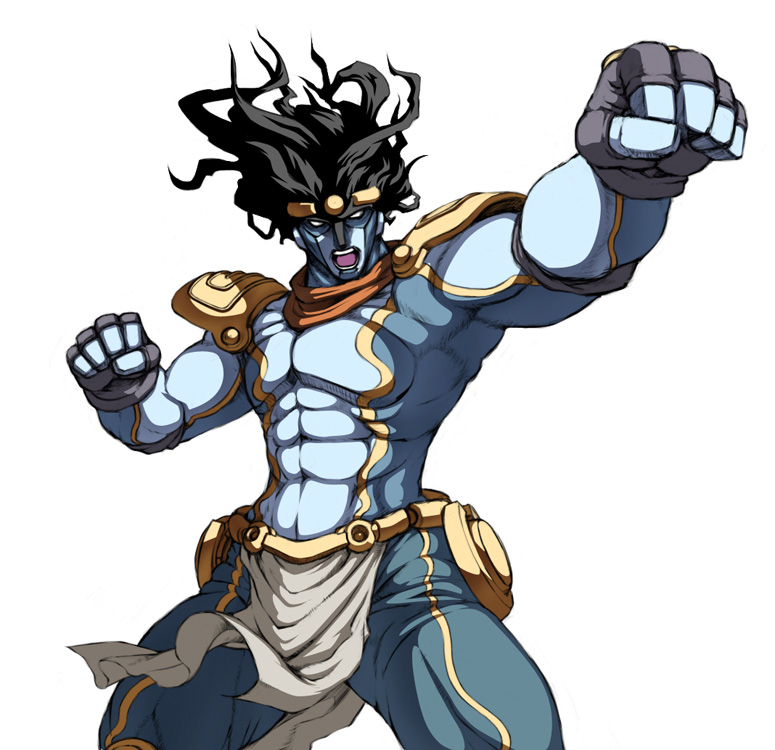 caryo, tabigarasu, star platinum, the world, jojo no kimyou na bouken, 1boy, battle, black hair, clenched hand, cowboy shot, headband, loincloth, male focus, monster, muscular, outstretched arm, pelvic curtain, shoulder pads, simple background, solo, spread legs, stand (jojo), standing, white background