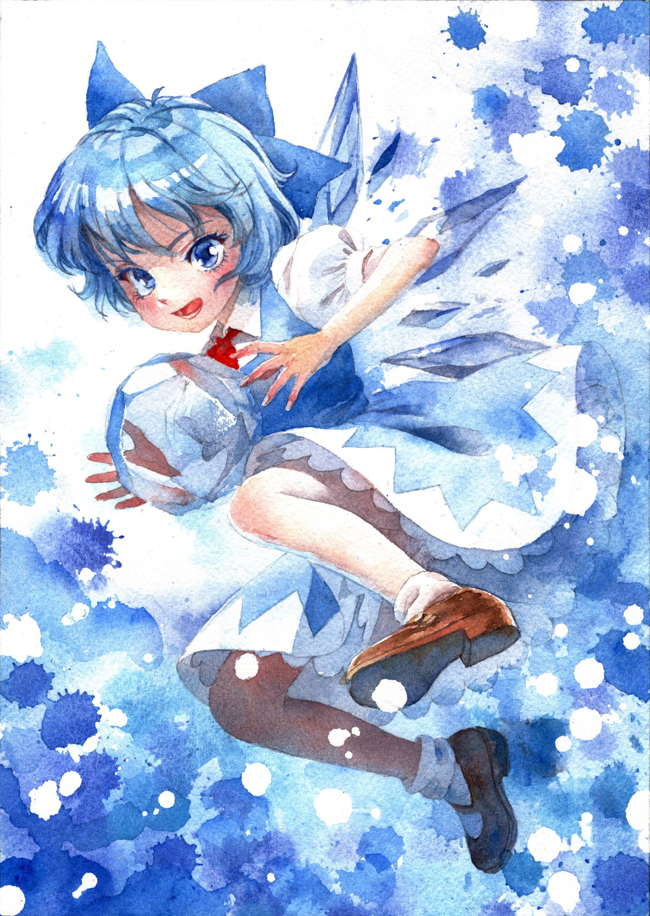 misawa hiroshi, cirno, touhou, absurdres, commentary request, highres, painting (medium), traditional media, watercolor (medium), 1girl, blue bow, blue dress, blue eyes, blue hair, bow, brown shoes, collared shirt, cryokinesis, detached wings, dress, hair bow, ice, ice wings, mary janes, open mouth, pinafore dress, puffy short sleeves, puffy sleeves, shirt, shoes, short sleeves, sleeveless, sleeveless dress, smile, solo, white shirt, wings