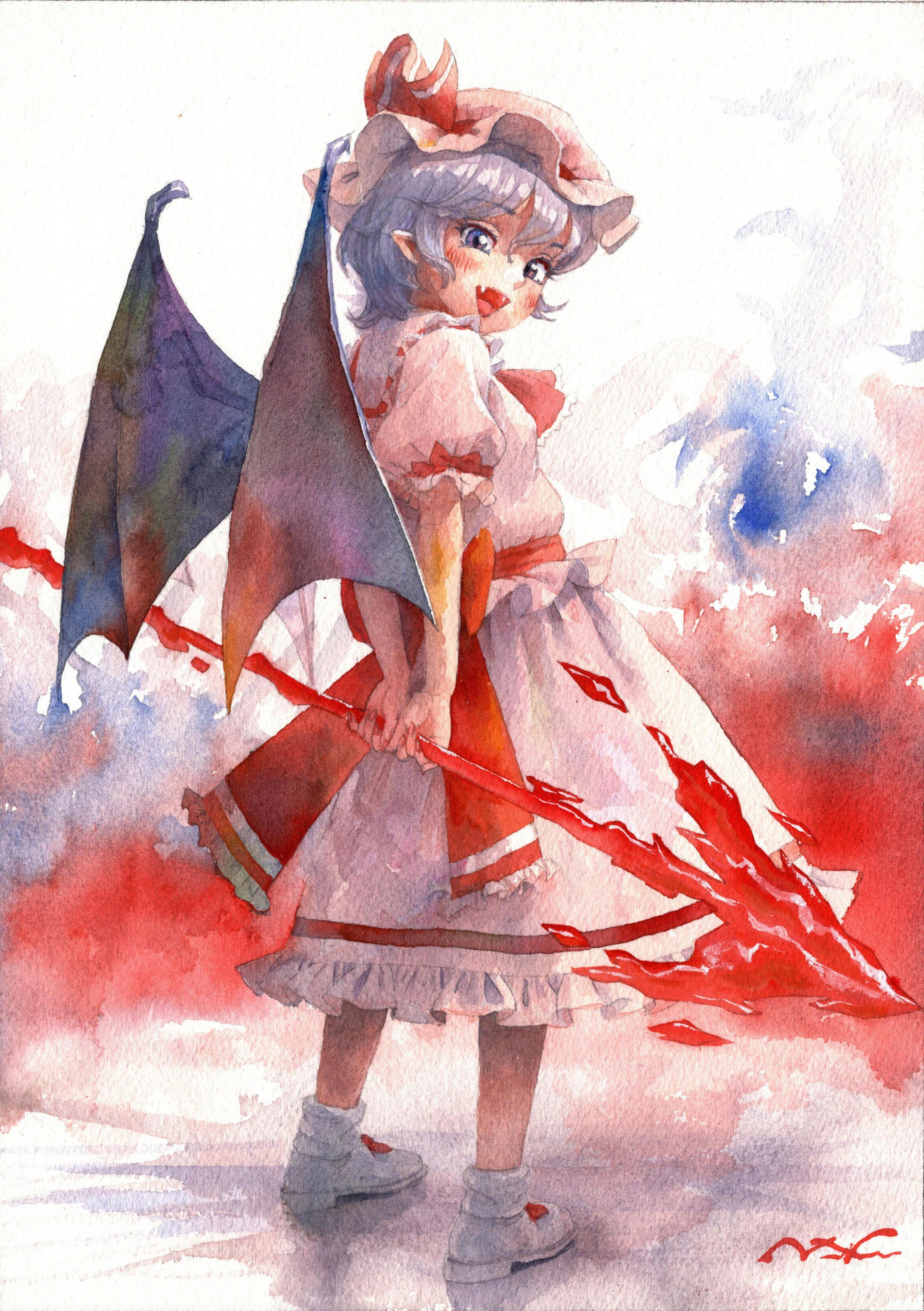 misawa hiroshi, remilia scarlet, touhou, absurdres, commentary request, highres, painting (medium), traditional media, watercolor (medium), 1girl, ascot, back bow, bat wings, blue hair, blush, bow, collared shirt, fangs, frilled shirt collar, frilled skirt, frills, hat, hat ribbon, holding, holding weapon, looking at viewer, mob cap, open mouth, pink hat, pink shirt, pink skirt, pointy ears, puffy short sleeves, puffy sleeves, red ascot, red bow, ribbon, shirt, shoes, short sleeves, signature, skirt, smile, socks, solo, spear the gungnir, weapon, white shoes, white socks, wings