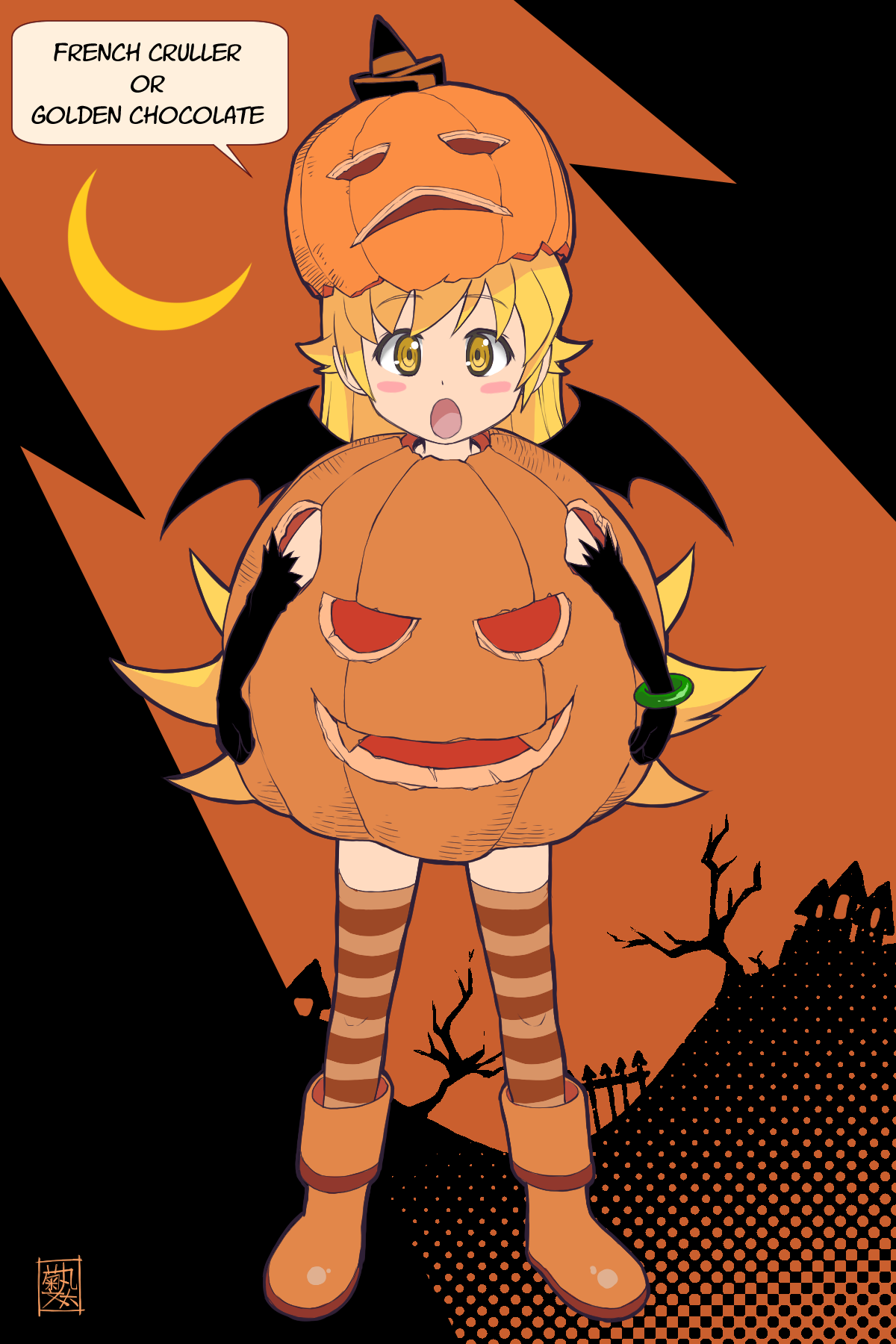 kikumaru bunta, oshino shinobu, bakemonogatari, monogatari (series), commentary, highres, translated, 1girl, :o, artist name, bare tree, bat wings, black background, black gloves, black hat, blonde hair, blush stickers, boots, bracelet, costume, crescent moon, english text, fence, flipped hair, full body, gloves, hair flaps, halftone, halftone background, halloween, halloween costume, hat, house, jack-o'-lantern, jewelry, knee boots, long hair, looking at viewer, moon, open mouth, orange background, orange boots, orange hat, orange thighhighs, pumpkin, pumpkin costume, pumpkin hat, ringed eyes, rubber boots, signature, solo, speech bubble, standing, striped clothes, striped thighhighs, thighhighs, tree, trick-or-treating, trick or treat, two-tone background, very long hair, wings, witch hat, yellow eyes, zettai ryouiki