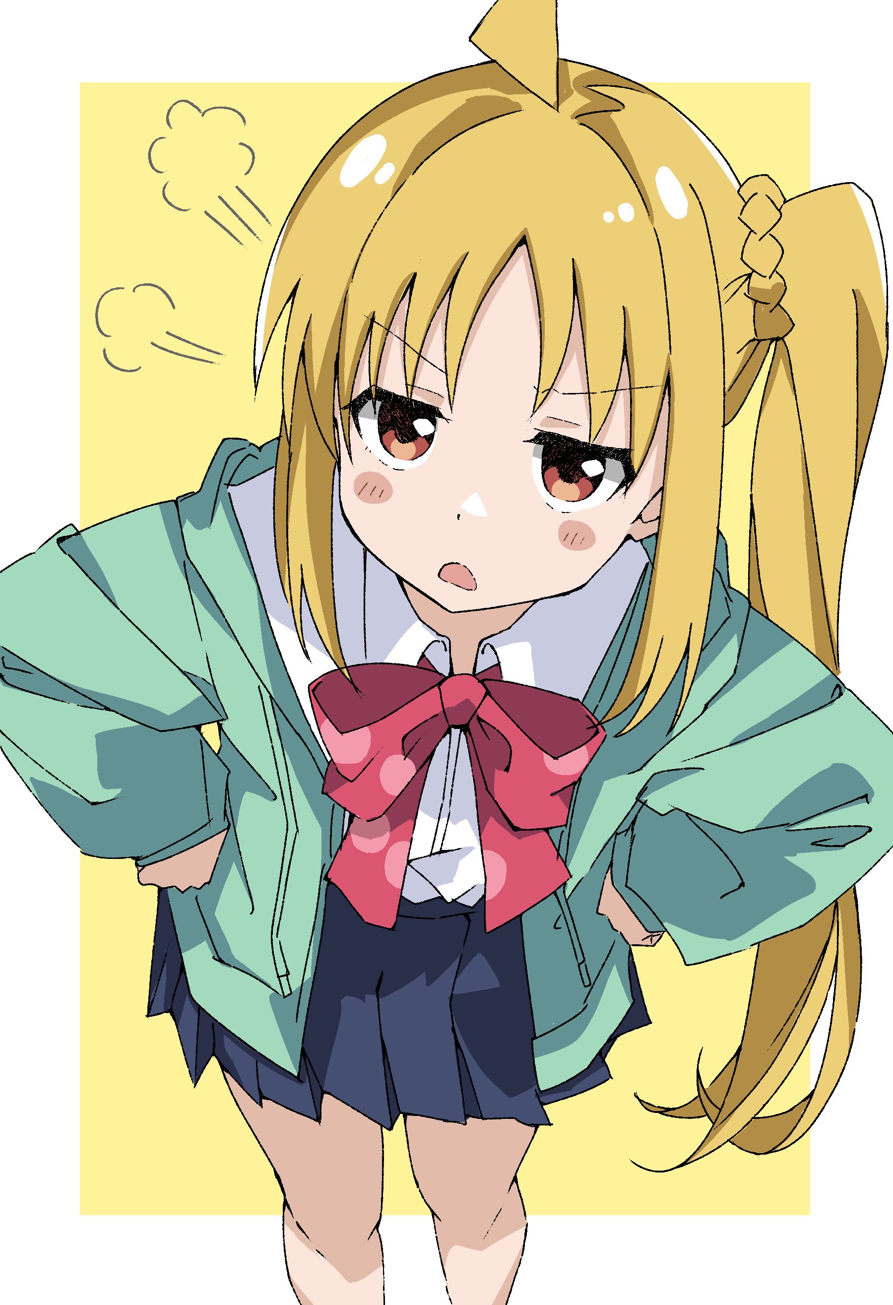 maho ron1, ijichi nijika, bocchi the rock!, absurdres, commentary request, highres, translation request, 1girl, blonde hair, doritos hair (meme), green jacket, jacket, long hair, looking at viewer, meme, open clothes, open mouth, red eyes, ribbon, skirt, solo