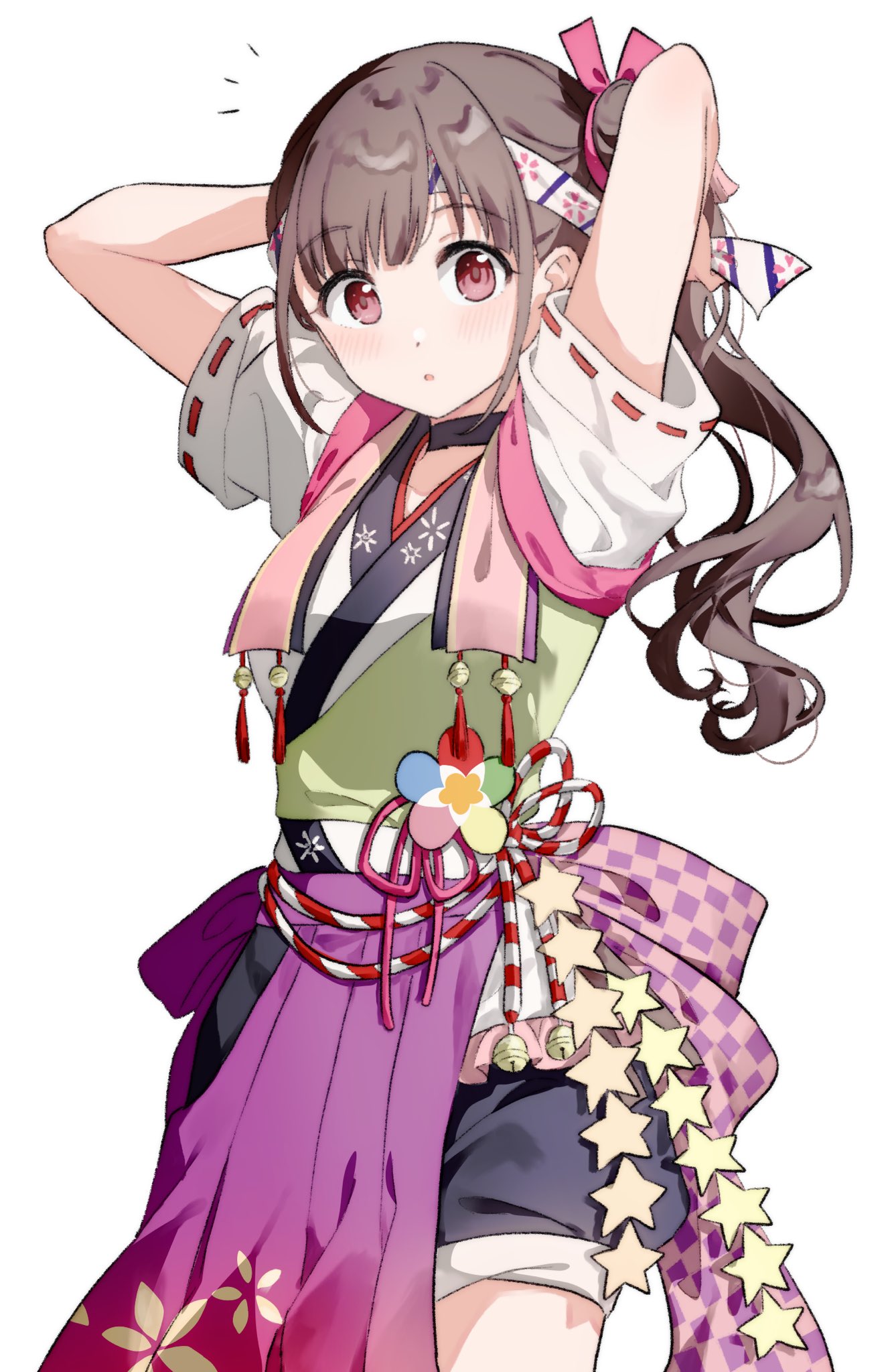 migolu, sonoda chiyoko, idolmaster, idolmaster shiny colors, highres, 1girl, arms behind head, back bow, bell, blush, bow, brown eyes, brown hair, cowboy shot, dot nose, hachimaki, hair bun, hair ribbon, headband, japanese clothes, jingle bell, kimono, looking at viewer, notice lines, parted lips, pink ribbon, purple bow, red eyes, ribbon, ribbon-trimmed sleeves, ribbon trim, short kimono, short sleeves, side ponytail, simple background, solo, star ornament, tasuki, tying, white background