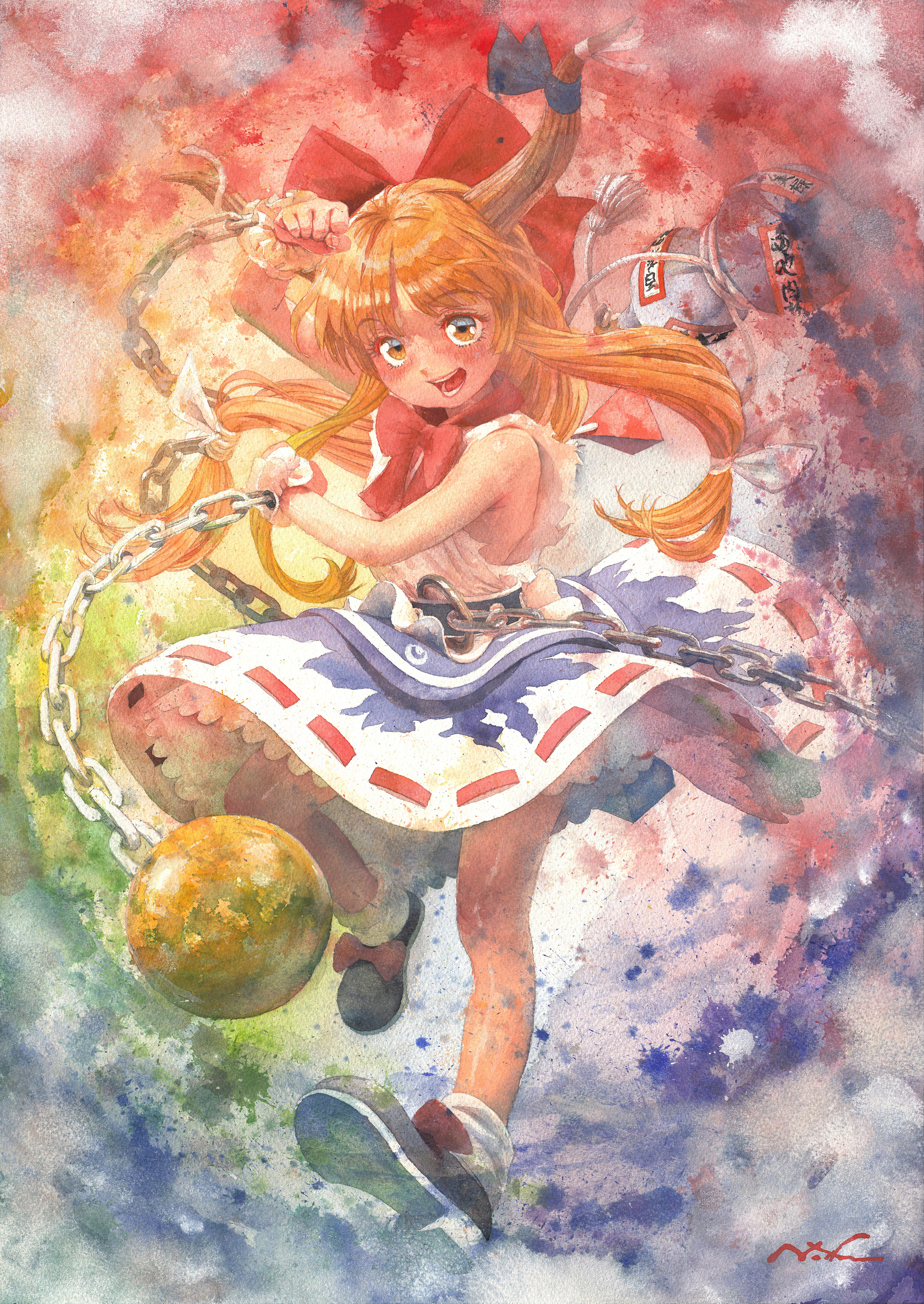 misawa hiroshi, ibuki suika, touhou, absurdres, commentary request, highres, painting (medium), traditional media, watercolor (medium), 1girl, ball and chain restraint, black shoes, blush, bow, bowtie, brown horns, chain, footwear bow, gourd, hair bow, horn ornament, horn ribbon, horns, long hair, looking at viewer, oni, open mouth, orange eyes, orange hair, purple skirt, red bow, red bowtie, ribbon, ribbon-trimmed skirt, ribbon trim, shirt, shoes, signature, skirt, smile, socks, solo, very long hair, white shirt, white socks