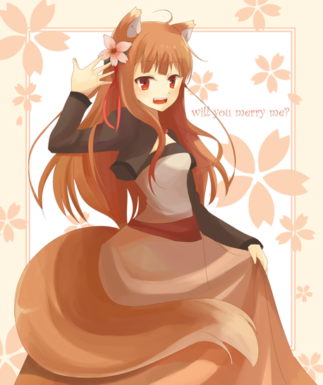chocho (homelessfox), holo, spice and wolf, bad id, bad pixiv id, 00s, 1girl, animal ears, brown hair, dress, english text, engrish text, fang, female focus, flower, long hair, ranguage, red eyes, skirt, solo, tail, wolf ears, wolf tail