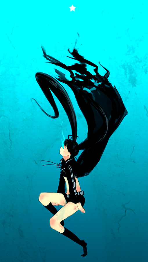domotolain, black rock shooter (character), black rock shooter, vocaloid, bad id, bad pixiv id, 10s, 1girl, belt, bikini, bikini top only, black hair, boots, cape, female focus, flat chest, glowing, glowing eyes, long hair, midriff, shorts, solo, star (symbol), swimsuit, twintails, very long hair