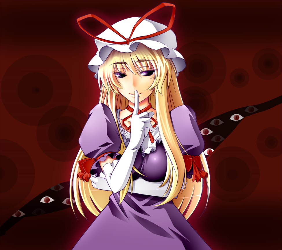 iganseijin, yakumo yukari, touhou, 1girl, blonde hair, elbow gloves, female focus, gap (touhou), gloves, hat, long hair, ribbon, solo