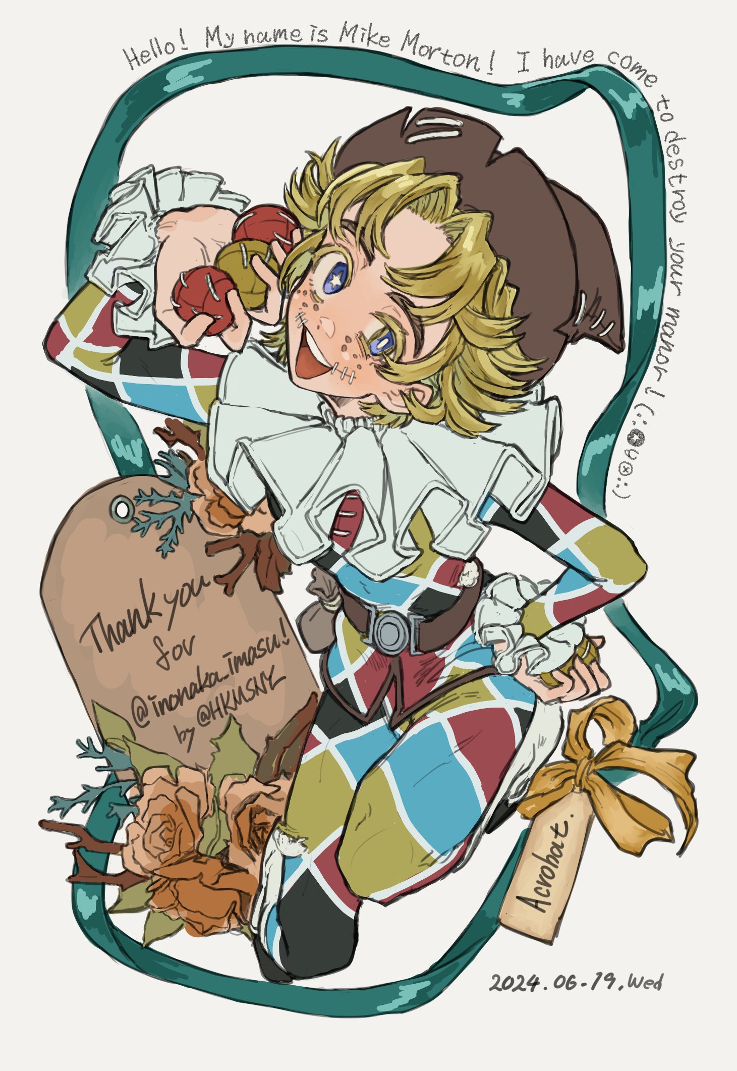 mike morton, identity v, highres, 1boy, :d, belt, blonde hair, blue eyes, brown belt, character name, dated, english text, freckles, hair intakes, half-closed eye, hand on own hip, harlequin, head tilt, hkmsny, looking at viewer, male focus, neck ruff, open mouth, short hair, smile, star-shaped pupils, star (symbol), stitched mouth, stitches, symbol-shaped pupils, twitter username