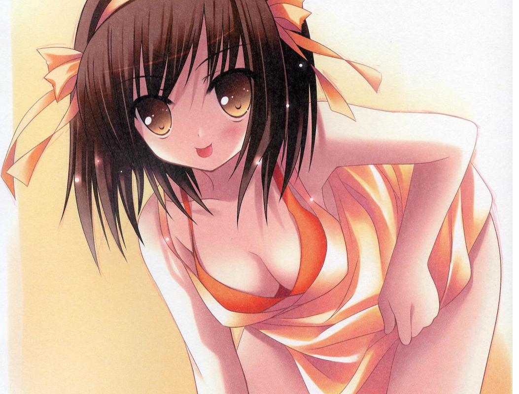 zinno, suzumiya haruhi, suzumiya haruhi no yuuutsu, non-web source, 00s, 1girl, bikini, bikini top only, breasts, brown eyes, brown hair, cleavage, downblouse, dress, female focus, hairband, leaning forward, orange bikini, short hair, skirt hold, solo, swimsuit, tongue