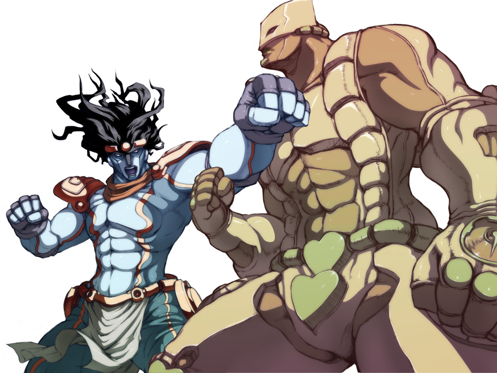caryo, tabigarasu, star platinum, the world, jojo no kimyou na bouken, 2boys, battle, black hair, clenched hand, monster, multiple boys, muscular, outstretched arm, simple background, spread legs, stand (jojo), standing, white background
