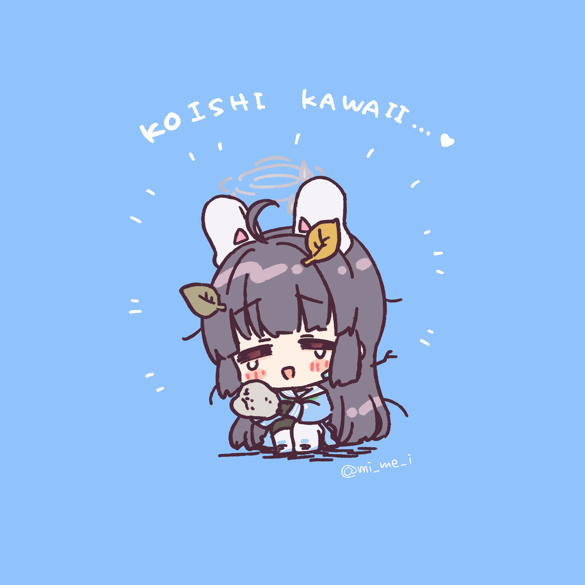 kuroi mimei, miyu (blue archive), blue archive, commentary, highres, 1girl, :d, = =, ahoge, animal ears, black gloves, black hair, blue background, blue shirt, blunt bangs, blunt ends, blush stickers, chibi, chibi only, emphasis lines, fake animal ears, full body, gloves, happy, hime cut, holding, holding rock, leaf, leaf on head, long hair, long sleeves, open mouth, rabbit ears, rock, romaji text, sailor collar, school uniform, serafuku, shirt, sidelocks, simple background, sitting, smile, solo, straight hair, tears, twitter username, very long hair, white sailor collar