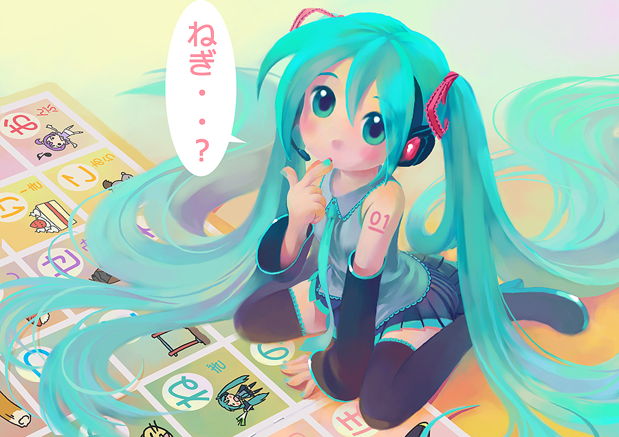 reise, hatsune miku, vocaloid, 1girl, aqua eyes, aqua hair, aqua nails, bare shoulders, chibi, detached sleeves, female focus, hair ribbon, headphones, headset, long hair, microphone, nail polish, necktie, ribbon, shirt, sitting, skirt, sleeveless, sleeveless shirt, solo, thighhighs, twintails, very long hair, zettai ryouiki